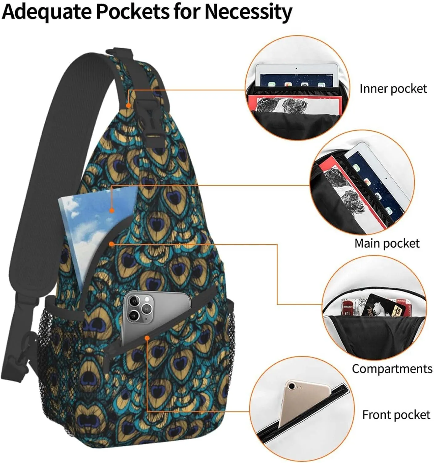 Peacock Shoulder Bag Cute Sling Backpack Daypack Casual Feather Hiking Bag Womens Backpack Bag Animal Bag