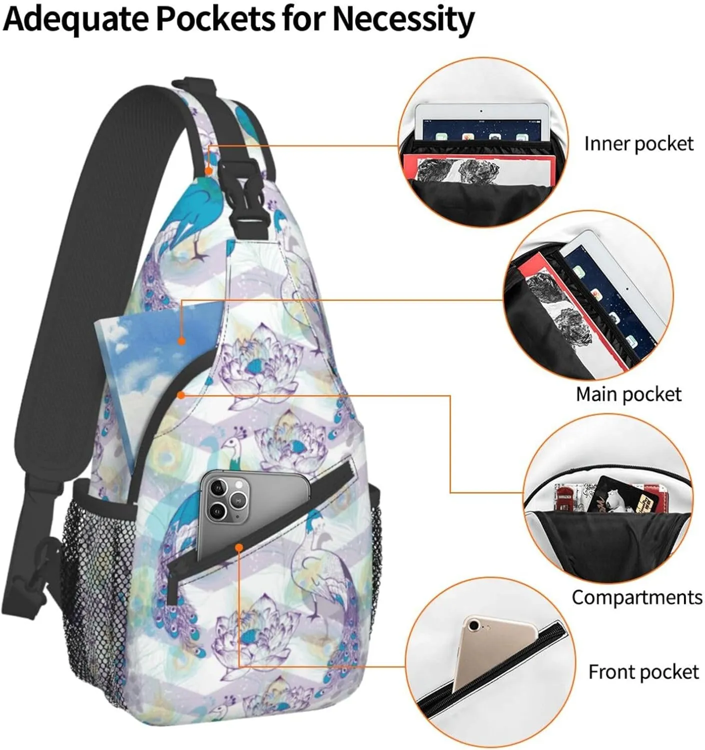 Peacock Shoulder Bag Cute Sling Backpack Daypack Casual Feather Hiking Bag Womens Backpack Bag Animal Bag