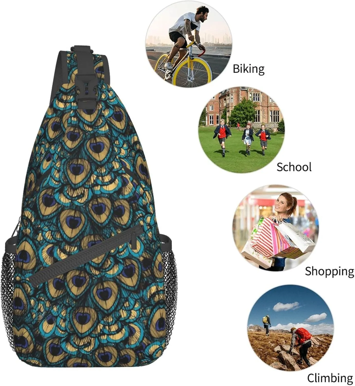 Peacock Shoulder Bag Cute Sling Backpack Daypack Casual Feather Hiking Bag Womens Backpack Bag Animal Bag