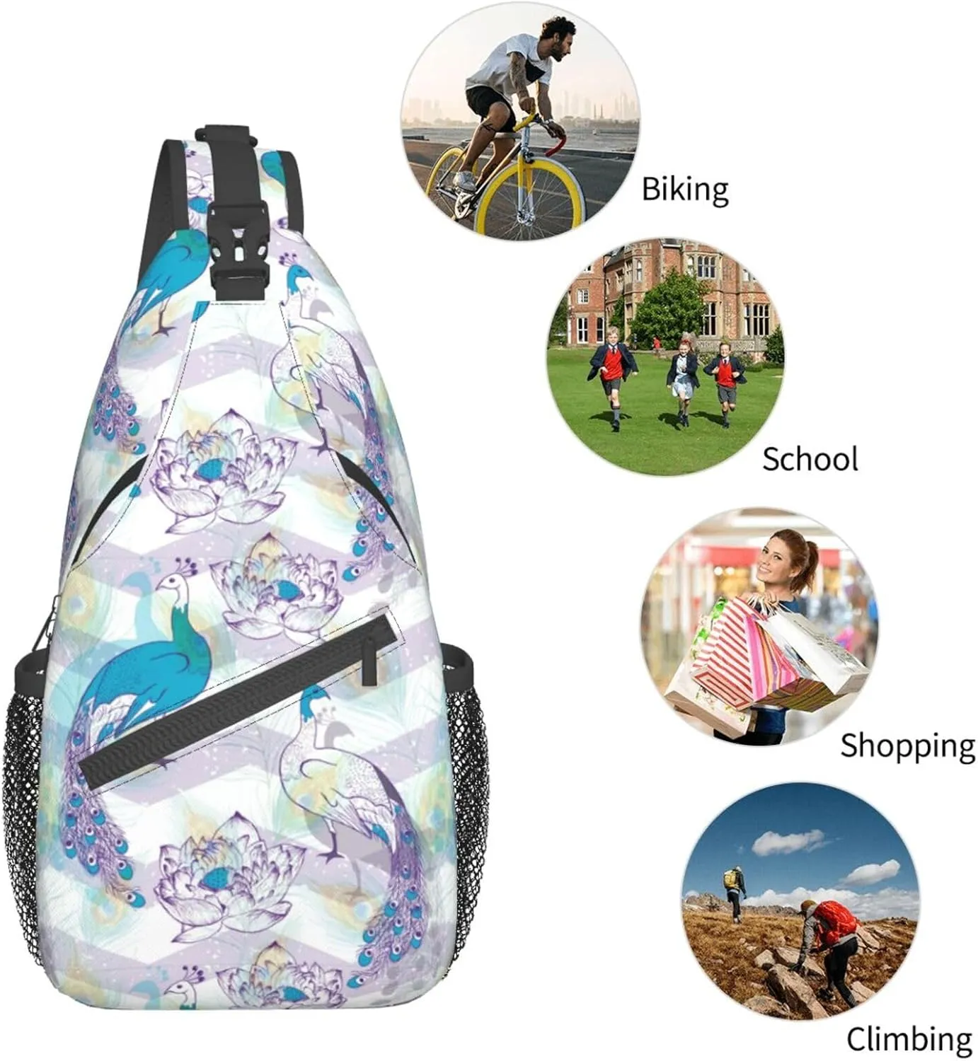 Peacock Shoulder Bag Cute Sling Backpack Daypack Casual Feather Hiking Bag Womens Backpack Bag Animal Bag