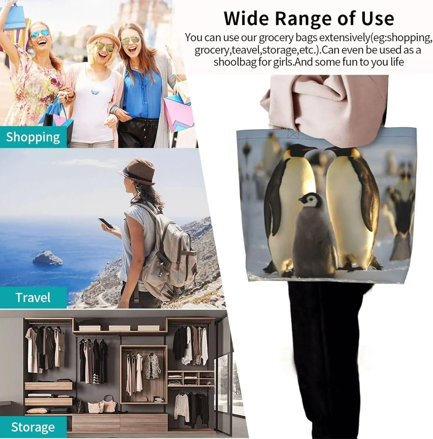 Penguin Canvas Tote Bag Cute Shoulder Bag Handbag Casual Animal Grocery Bags Penguin Bag for Outdoors