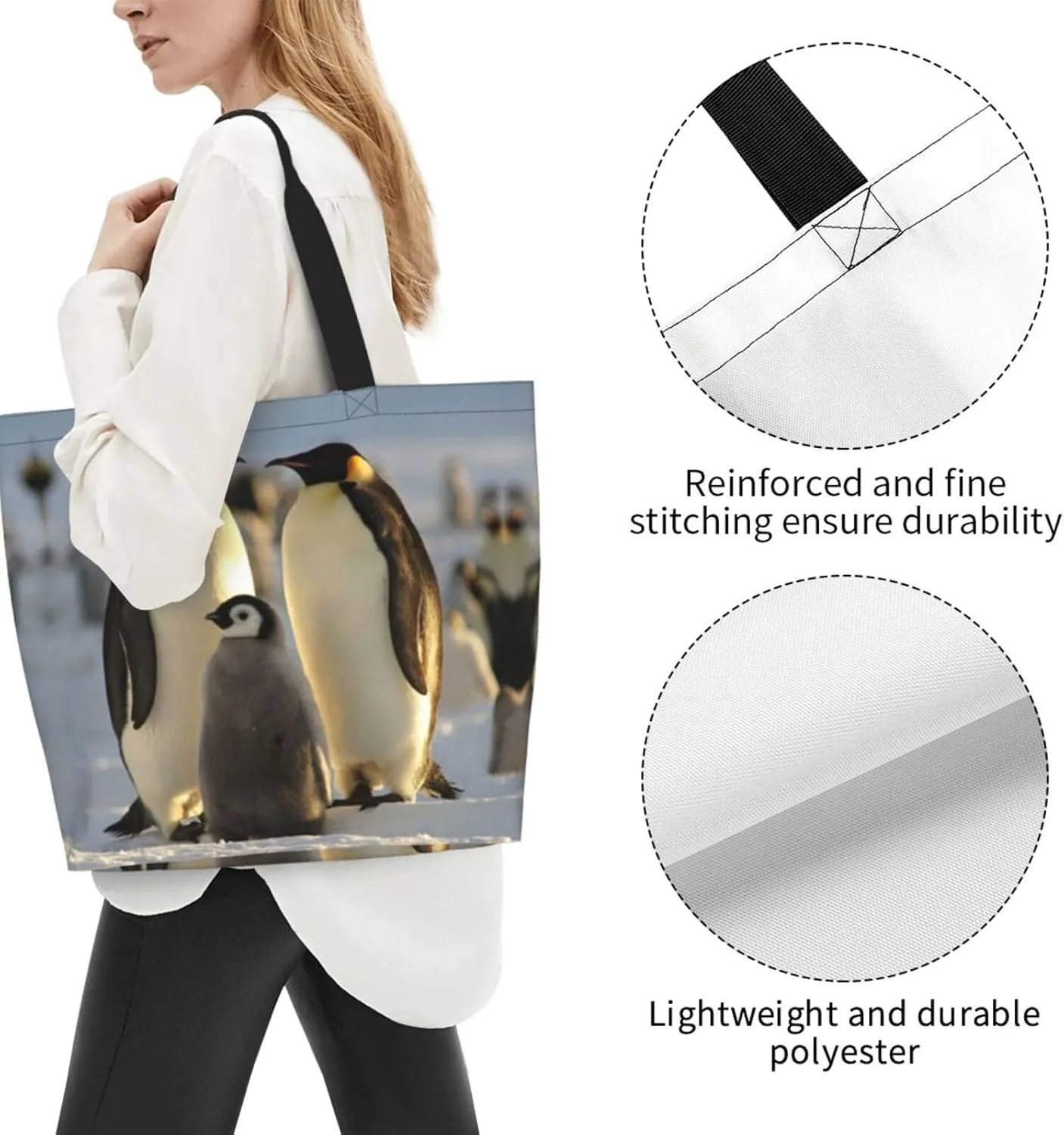 Penguin Canvas Tote Bag Cute Shoulder Bag Handbag Casual Animal Grocery Bags Penguin Bag for Outdoors