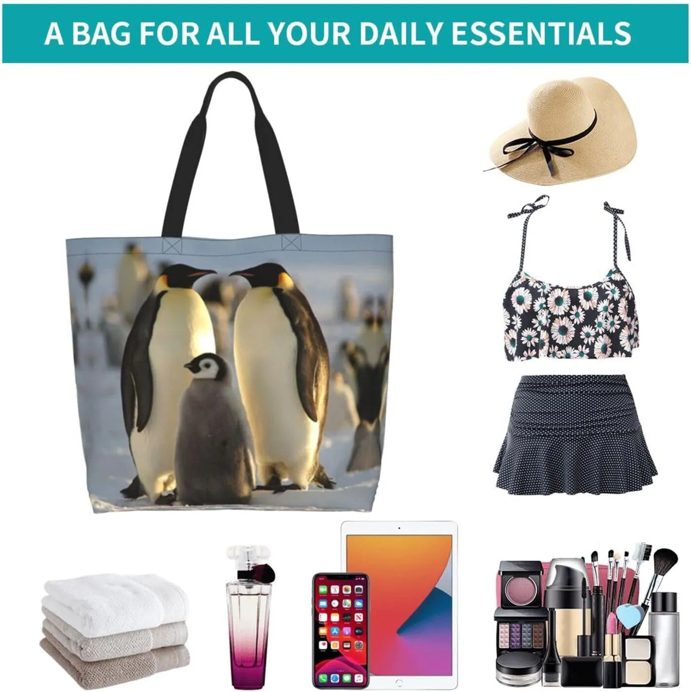 Penguin Canvas Tote Bag Cute Shoulder Bag Handbag Casual Animal Grocery Bags Penguin Bag for Outdoors