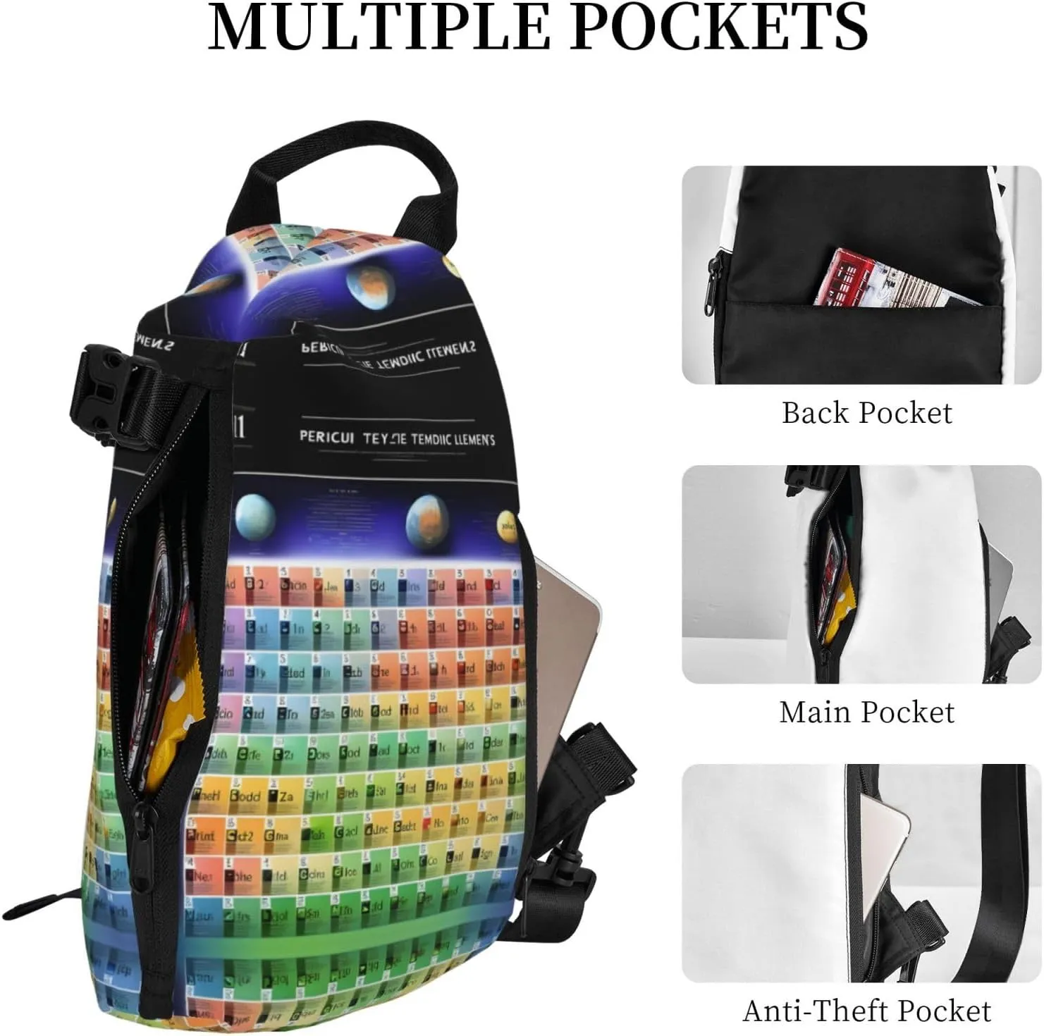 Periodic Table Of Elements Print Crossbody Backpack Casual Adjustable Bag Multifunctional Sling Backpack