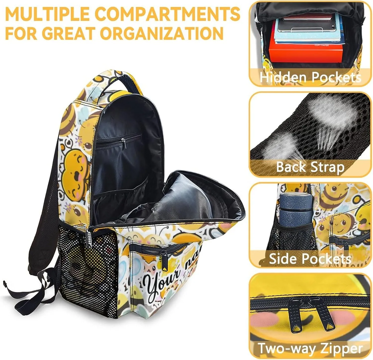 Personalized Bee Backpack for Girls Boys, 16 Inch Yellow Backpacks for School, Cute, Adjustable Straps, Durable, Lightweight, Large Capacity Bookbag for Kids