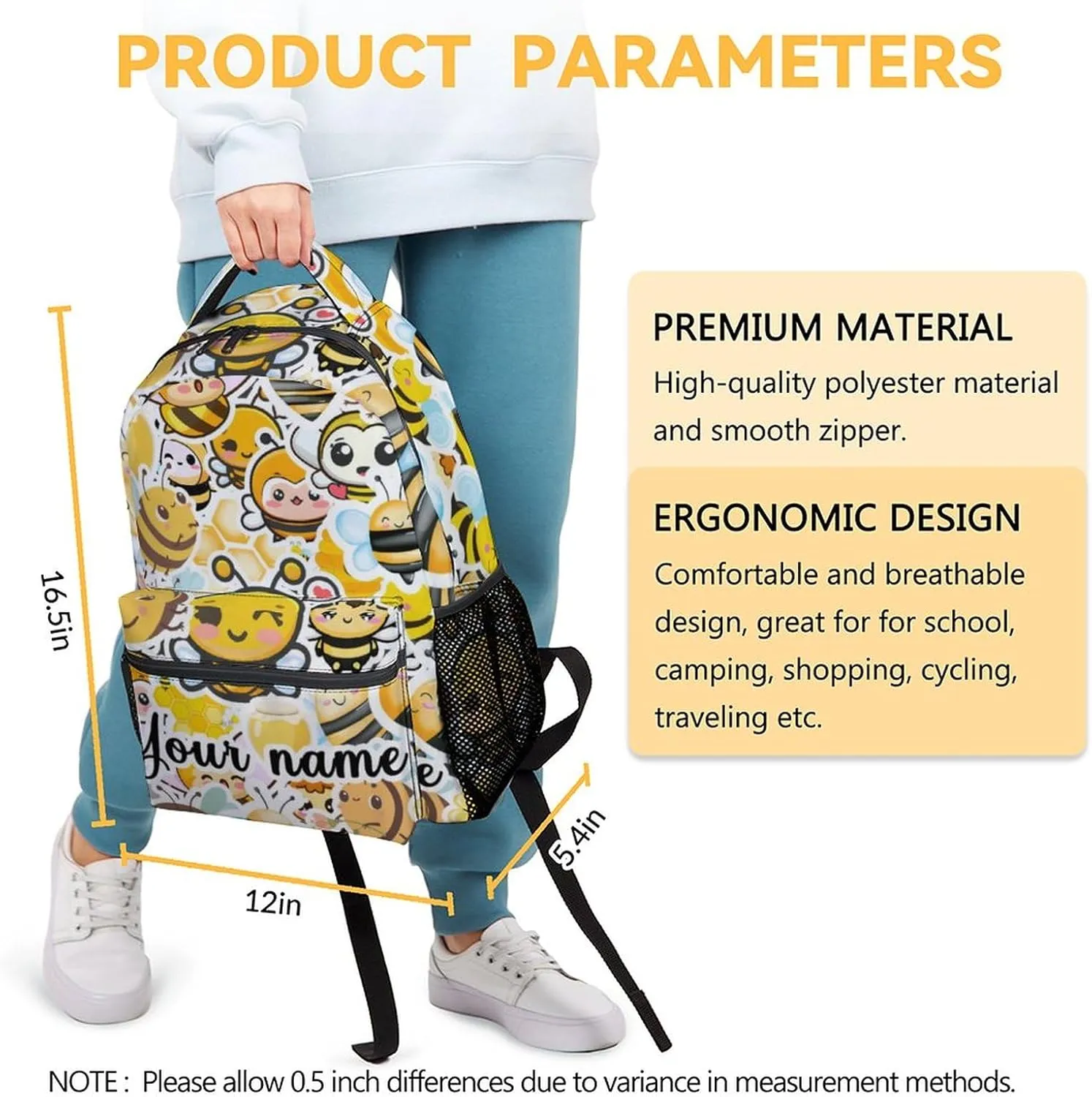 Personalized Bee Backpack for Girls Boys, 16 Inch Yellow Backpacks for School, Cute, Adjustable Straps, Durable, Lightweight, Large Capacity Bookbag for Kids