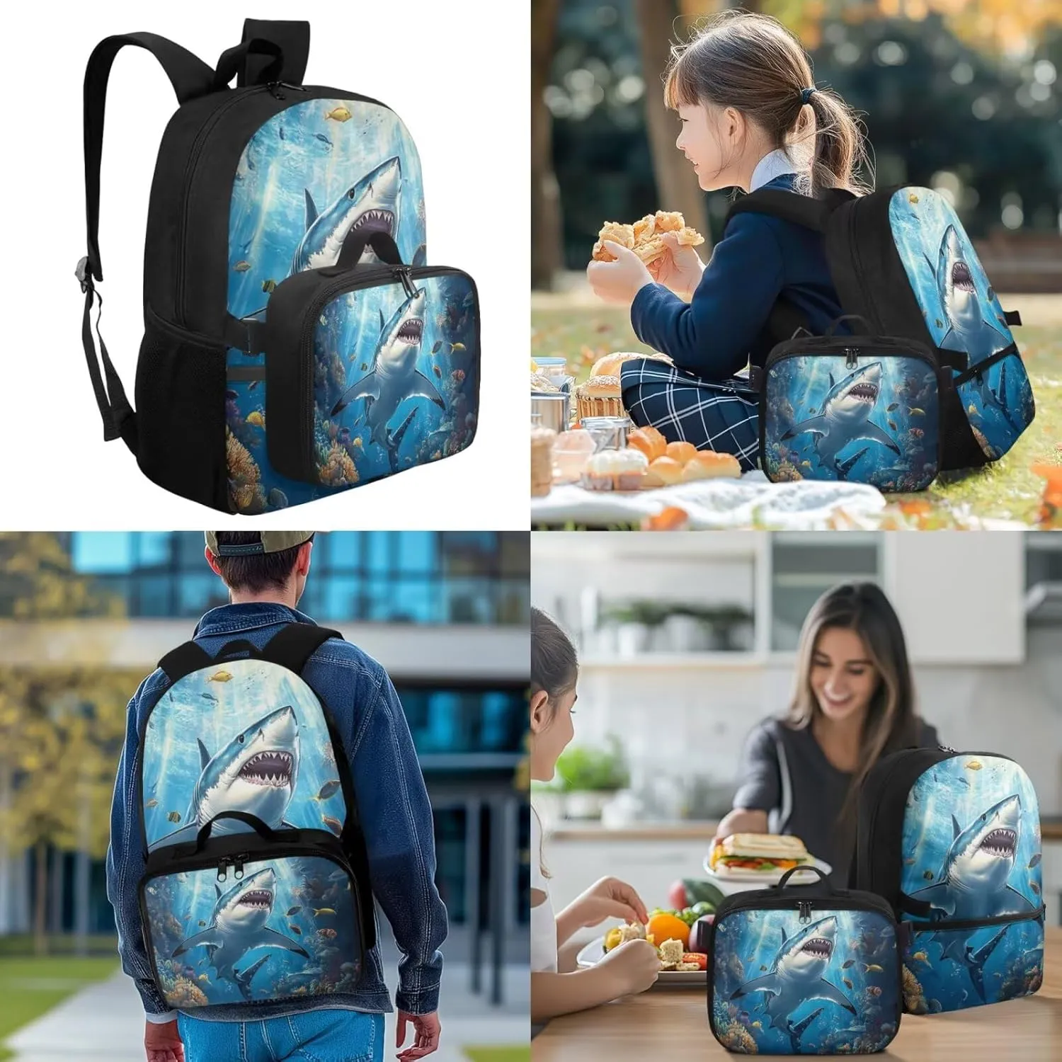 Personalized Boys Backpack and Lunch Box Set Customized Boys Backpacks Ages 8-10 10-12 Kids Shark Bookbag 17 Inch Elementary Preschool School Bag Set for Girls
