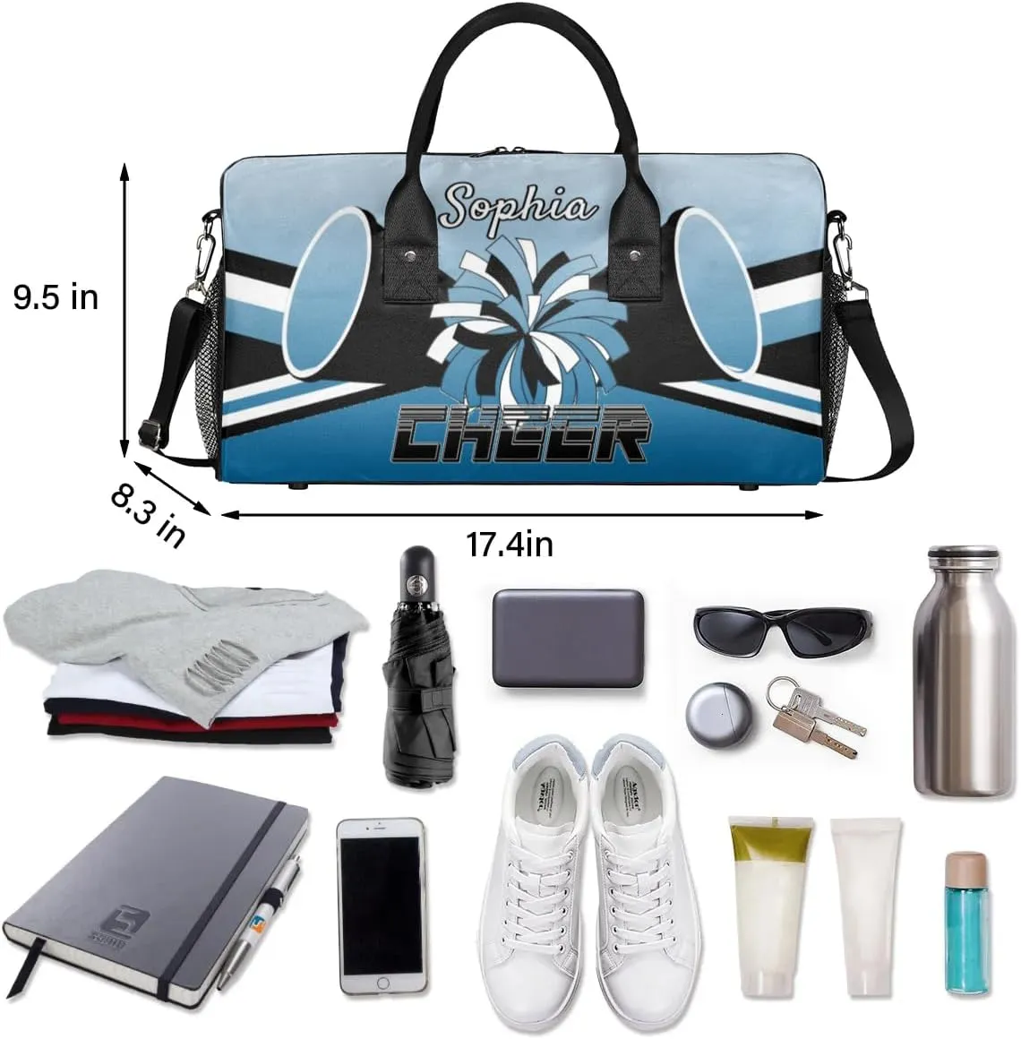 Personalized Cheer Duffel Bag for Cheerleaders, Custom Sports Bag for Women, Custom Cheerleading Travel Overnight Weekender Bag, Blue Gradient