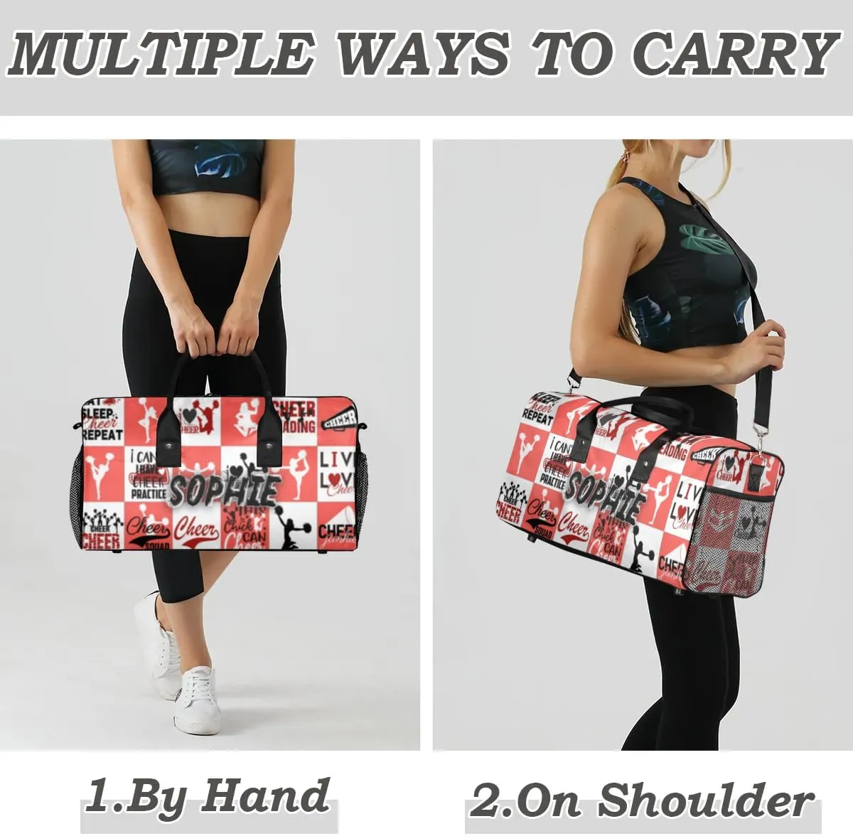 Personalized Cheer Duffel Bag for Cheerleaders, Custom Sports Bag for Women, Custom Cheerleading Travel Overnight Weekender Bag, Coral Red and White Buffalo Plaid