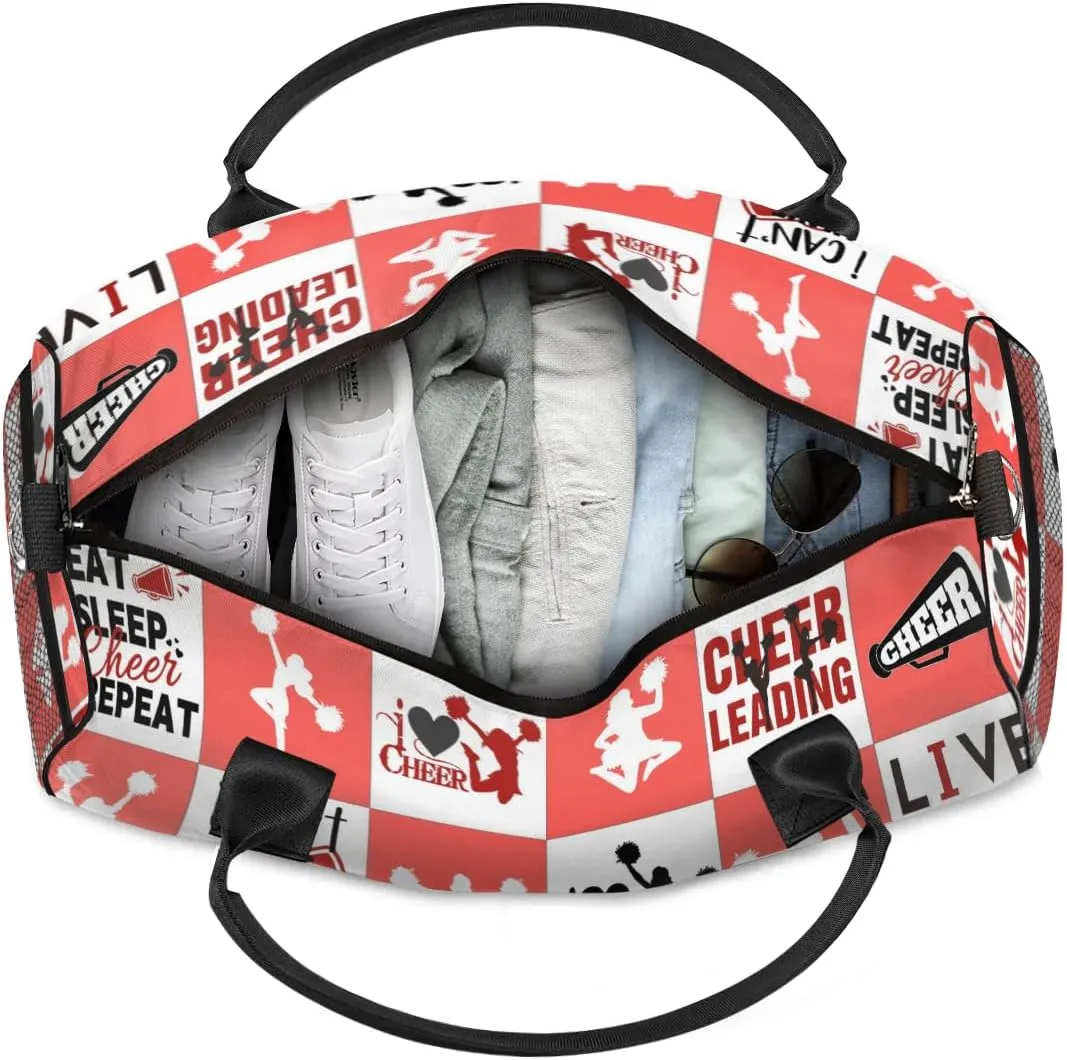 Personalized Cheer Duffel Bag for Cheerleaders, Custom Sports Bag for Women, Custom Cheerleading Travel Overnight Weekender Bag, Coral Red and White Buffalo Plaid