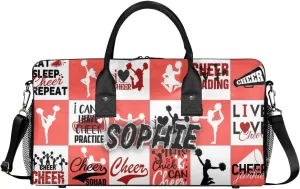 Personalized Cheer Duffel Bag for Cheerleaders, Custom Sports Bag for Women, Custom Cheerleading Travel Overnight Weekender Bag, Coral Red and White Buffalo Plaid