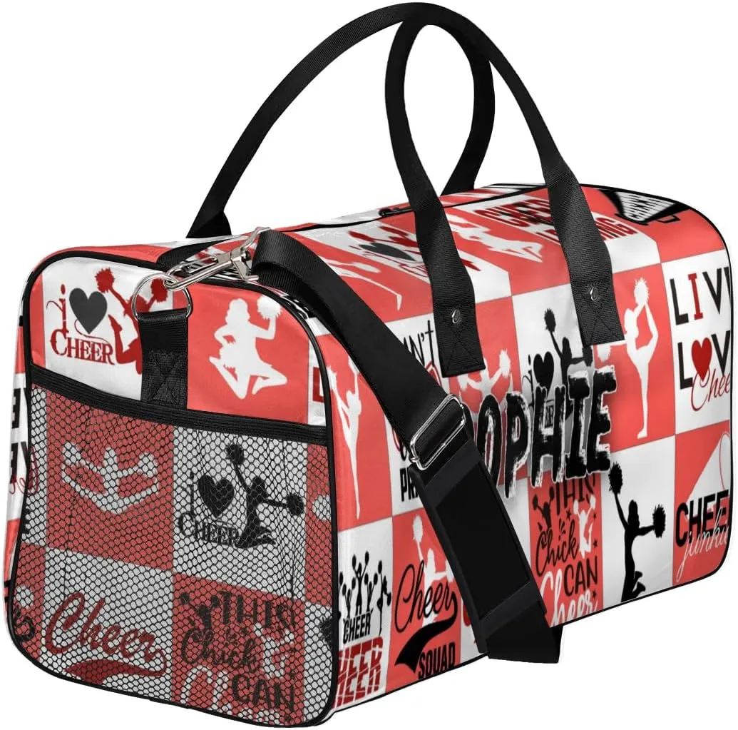 Personalized Cheer Duffel Bag for Cheerleaders, Custom Sports Bag for Women, Custom Cheerleading Travel Overnight Weekender Bag, Coral Red and White Buffalo Plaid