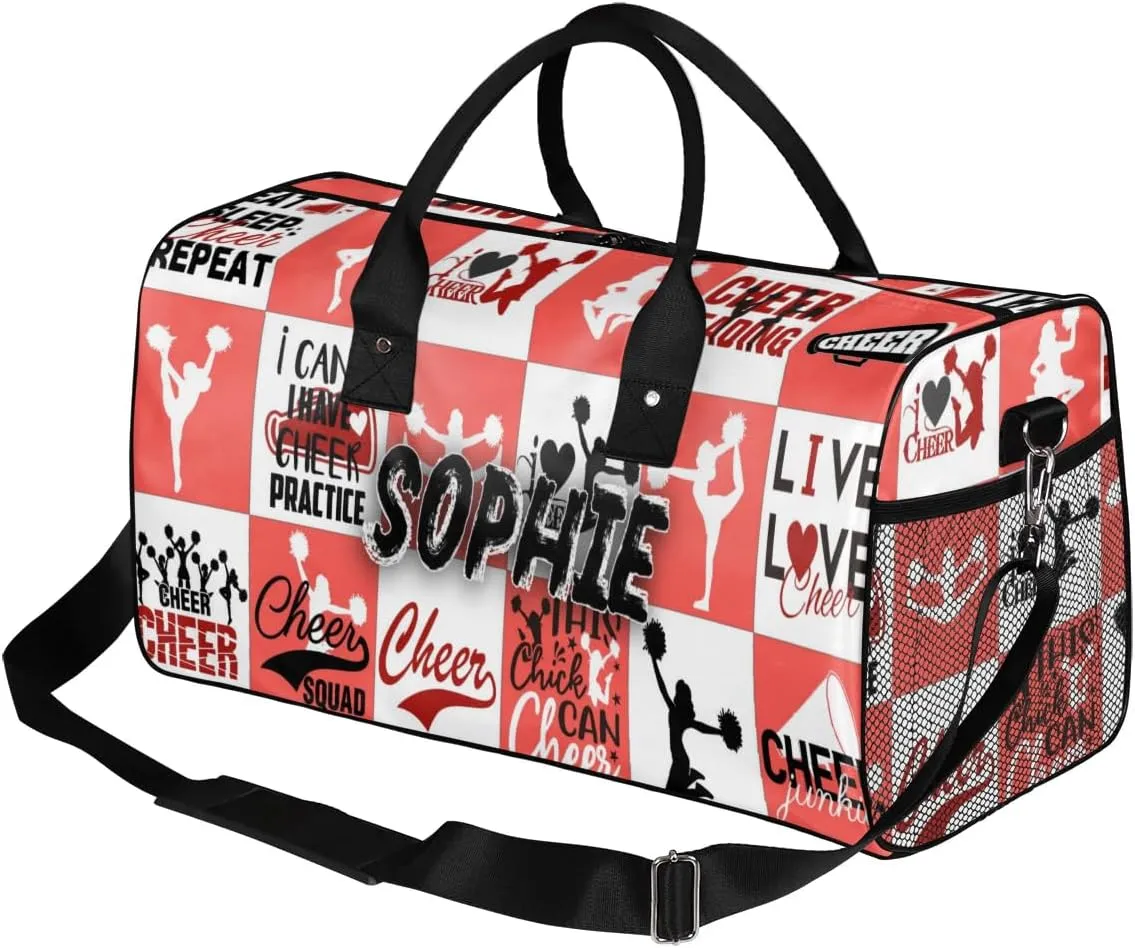 Personalized Cheer Duffel Bag for Cheerleaders, Custom Sports Bag for Women, Custom Cheerleading Travel Overnight Weekender Bag, Coral Red and White Buffalo Plaid