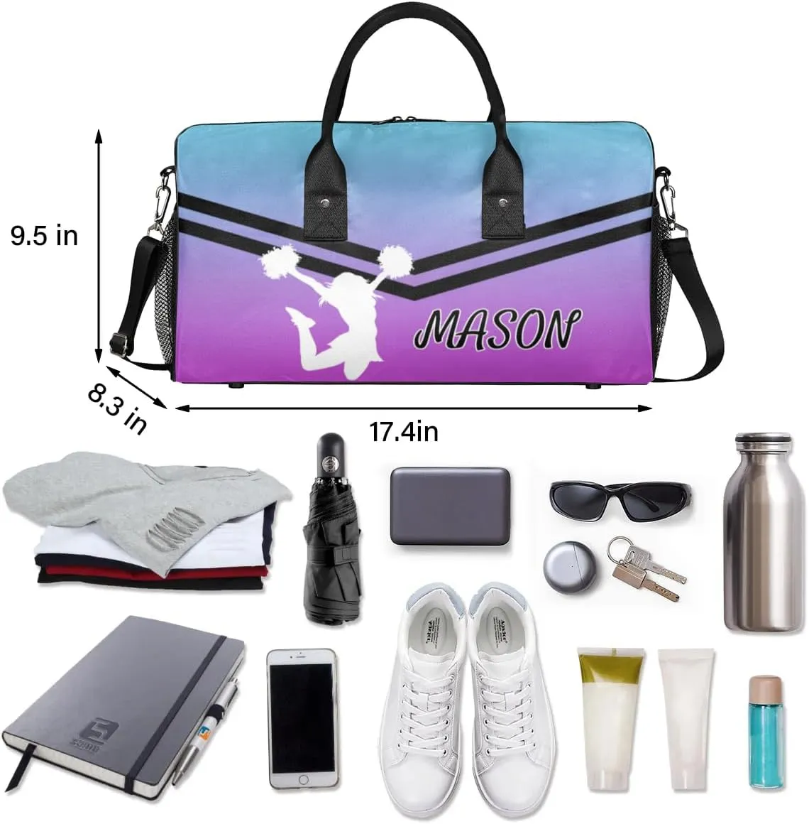 Personalized Cheerleader Cheer Bag for Women, Sport Duffel Bag with Name Customized Travel Overnight Weekender Bags, Blue Purple Gradient Cheerleader Silhouette