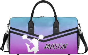Personalized Cheerleader Cheer Bag for Women, Sport Duffel Bag with Name Customized Travel Overnight Weekender Bags, Blue Purple Gradient Cheerleader Silhouette
