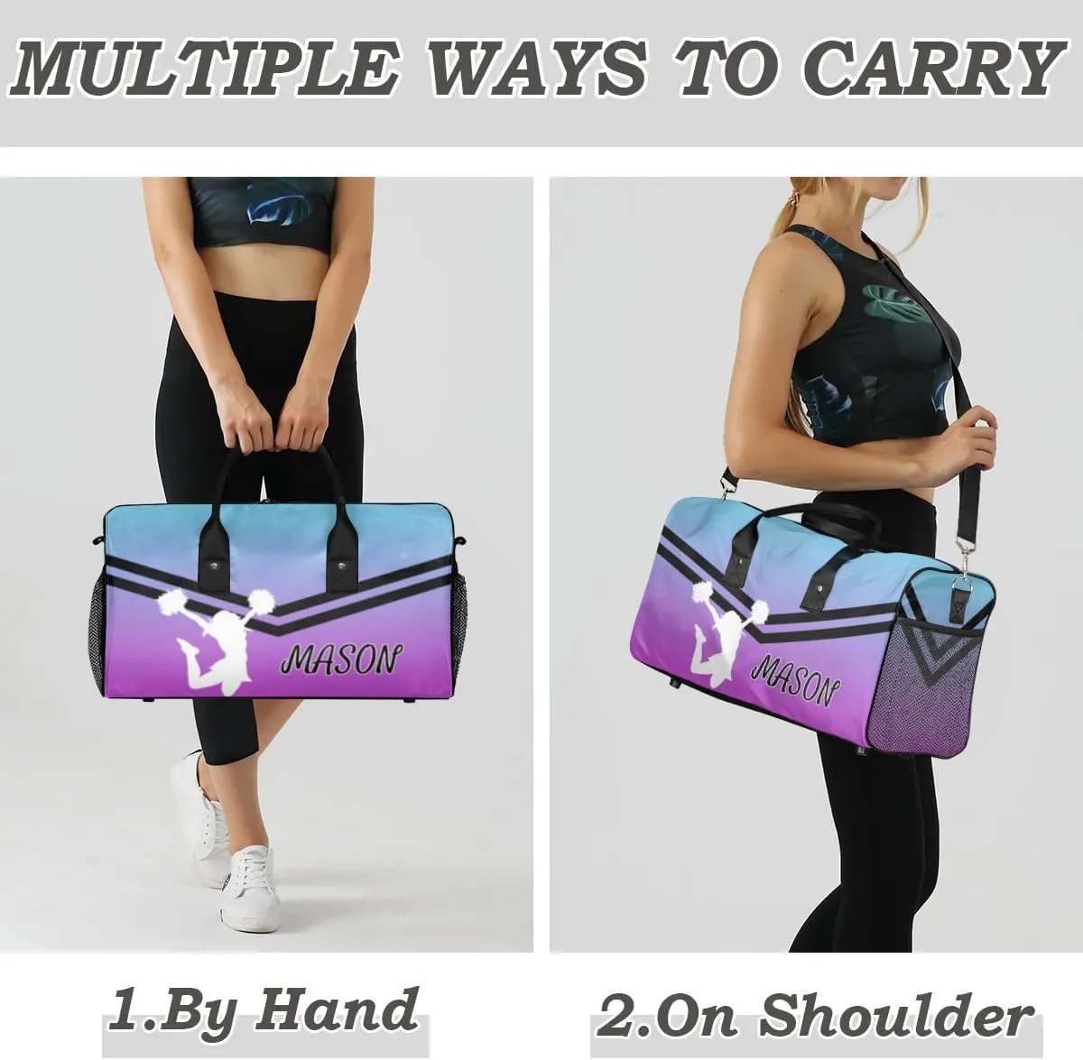 Personalized Cheerleader Cheer Bag for Women, Sport Duffel Bag with Name Customized Travel Overnight Weekender Bags, Blue Purple Gradient Cheerleader Silhouette