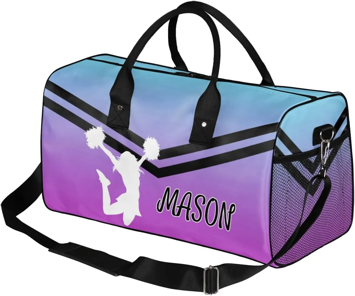 Personalized Cheerleader Cheer Bag for Women, Sport Duffel Bag with Name Customized Travel Overnight Weekender Bags, Blue Purple Gradient Cheerleader Silhouette