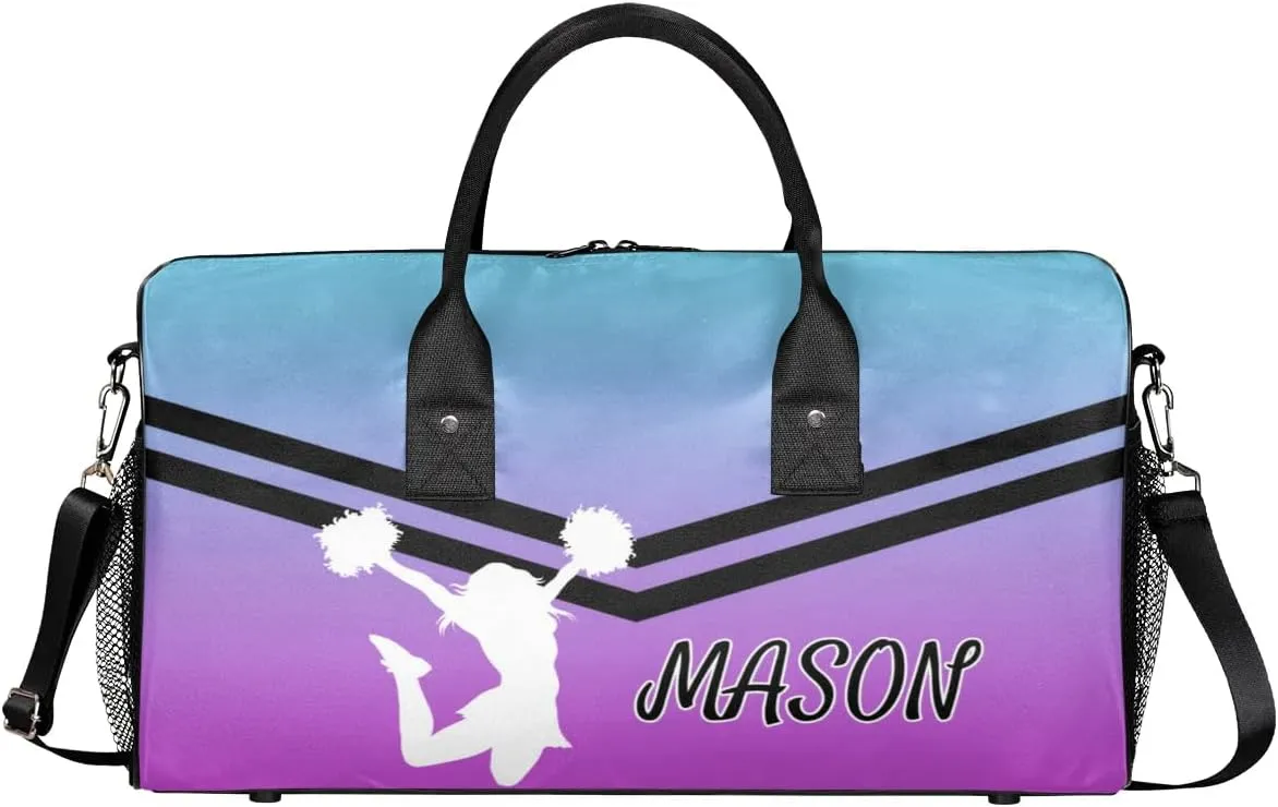 Personalized Cheerleader Cheer Bag for Women, Sport Duffel Bag with Name Customized Travel Overnight Weekender Bags, Blue Purple Gradient Cheerleader Silhouette