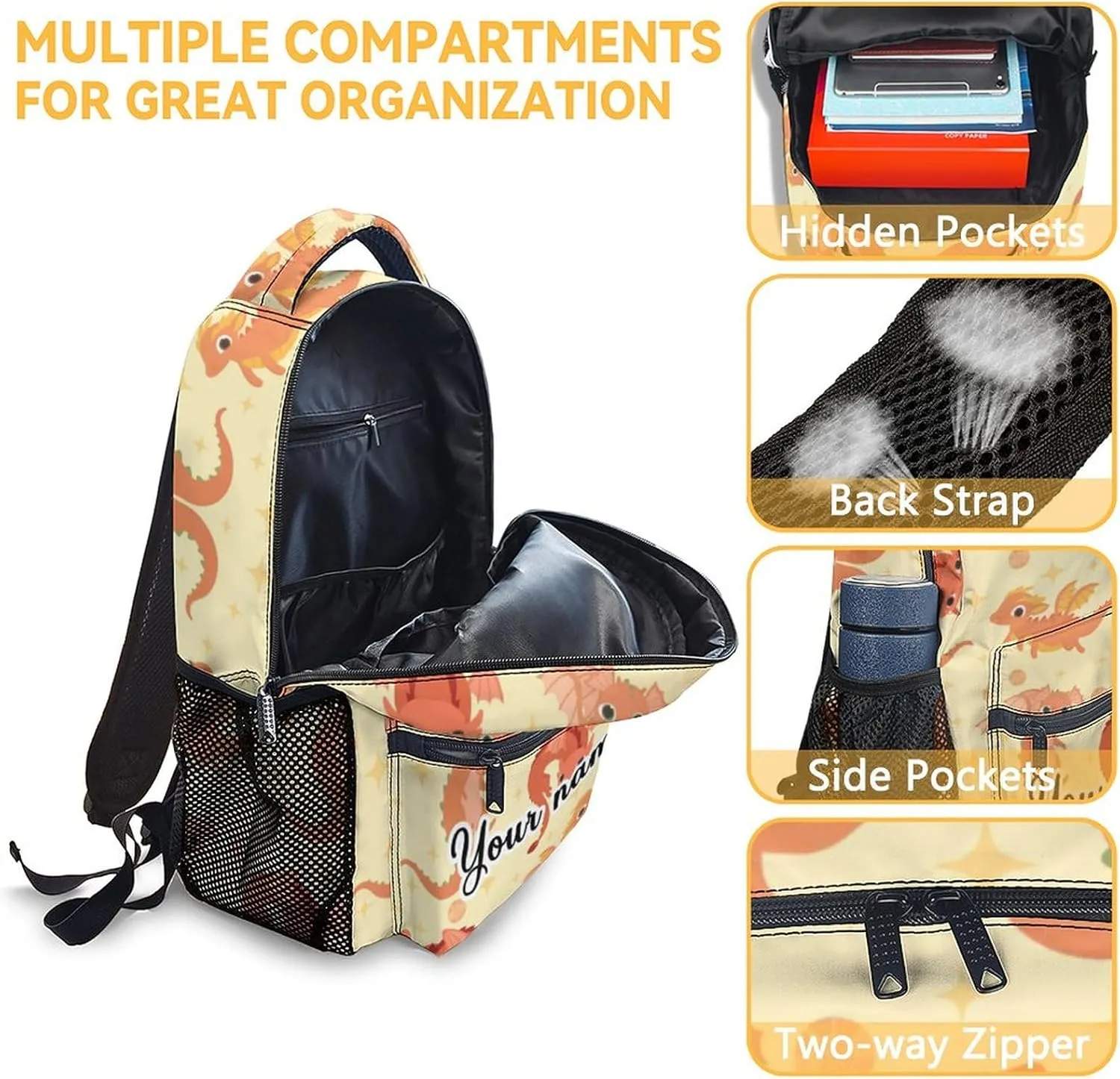 Personalized Dragon Backpack for Girls Boys, 16 Inch Backpacks for School, Cute, Adjustable Straps, Durable, Lightweight, Large Capacity Bookbag for Kids