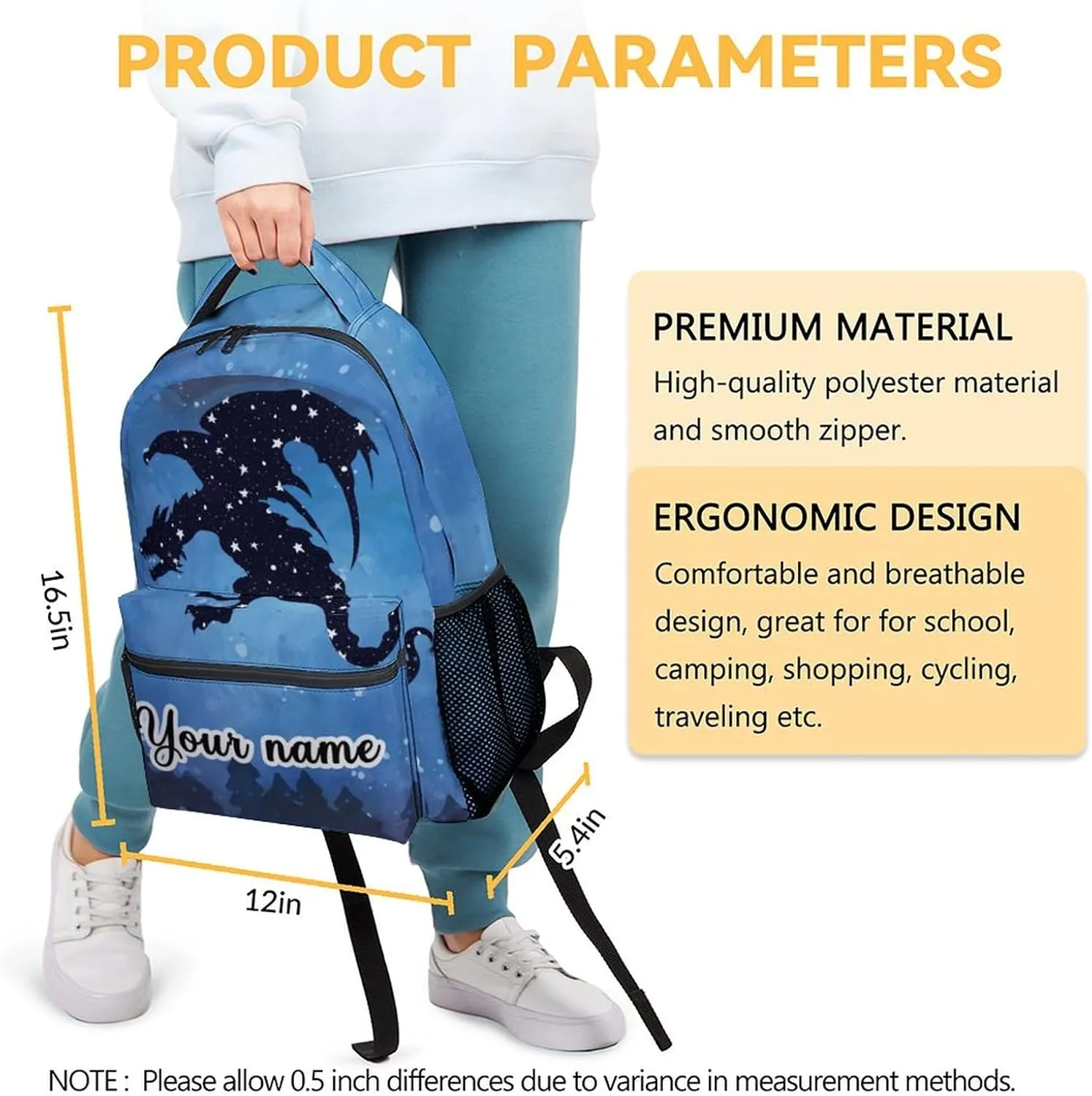 Personalized Dragon Backpack for Girls Boys, 16 Inch Backpacks for School, Cute, Adjustable Straps, Durable, Lightweight, Large Capacity Bookbag for Kids
