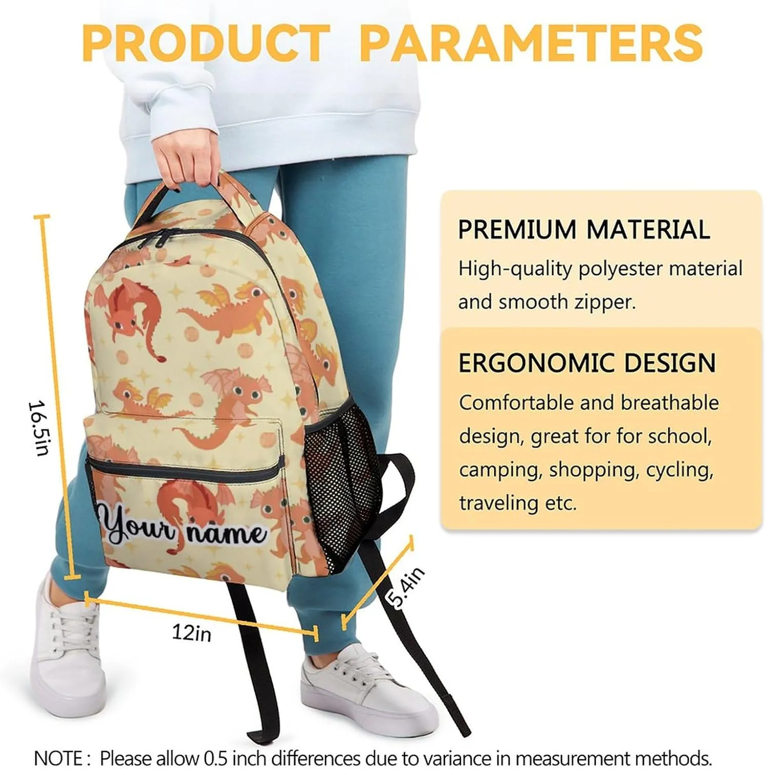 Personalized Dragon Backpack for Girls Boys, 16 Inch Backpacks for School, Cute, Adjustable Straps, Durable, Lightweight, Large Capacity Bookbag for Kids
