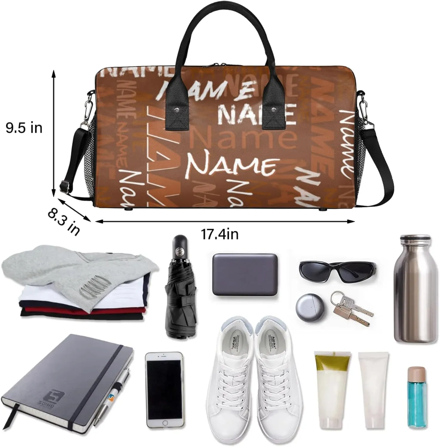Personalized Duffel Travel Bag, Custom Name Sport Gym Bag, Weekender Overnight Bag for Women Men Weekender Overnight Bridesmaid Brown