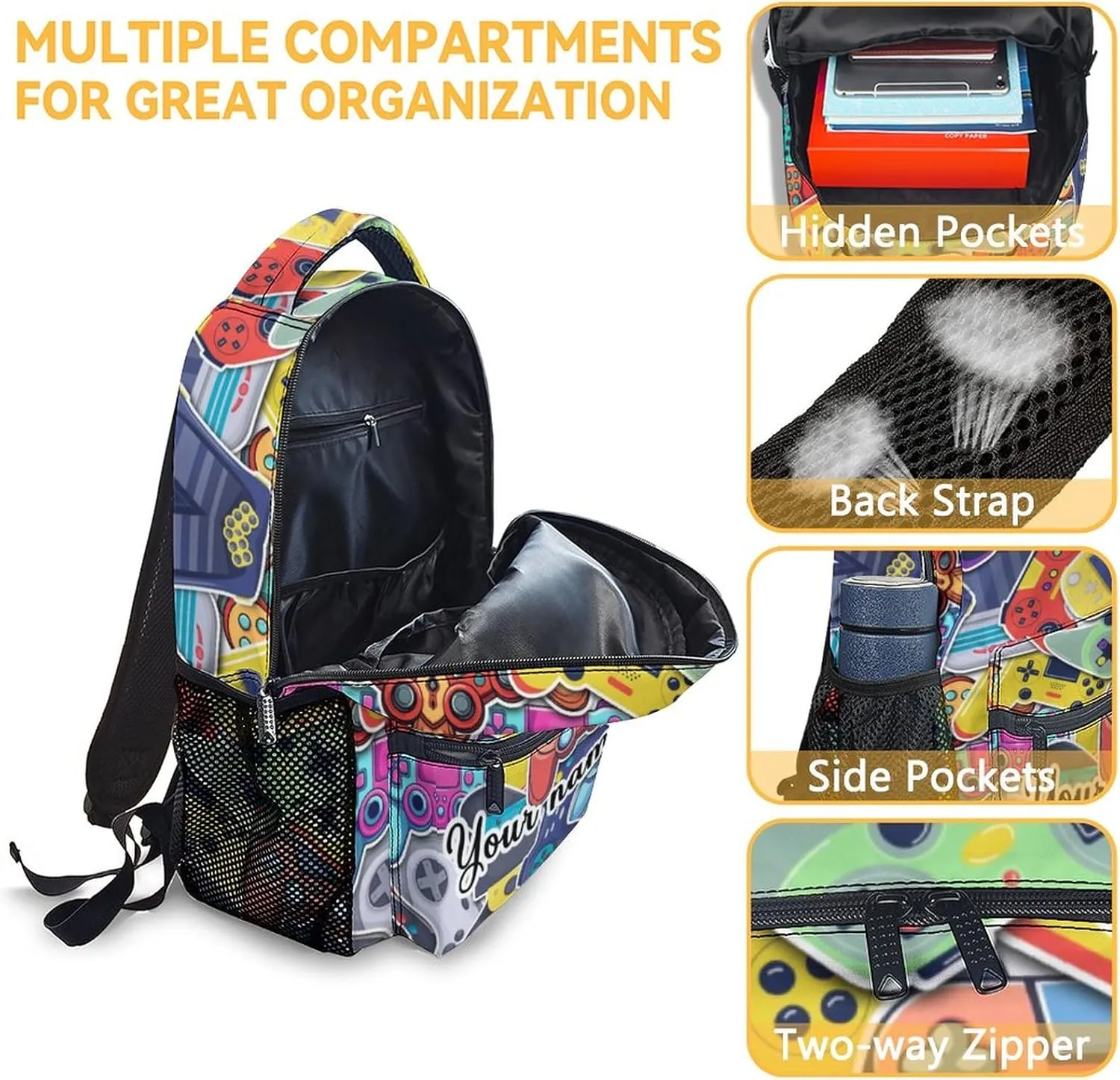 Personalized Gamer Backpack for Boys, 16 Inch Gaming Backpacks for School, Cool, Adjustable Straps, Durable, Lightweight, Large Capacity Bookbag for Kids