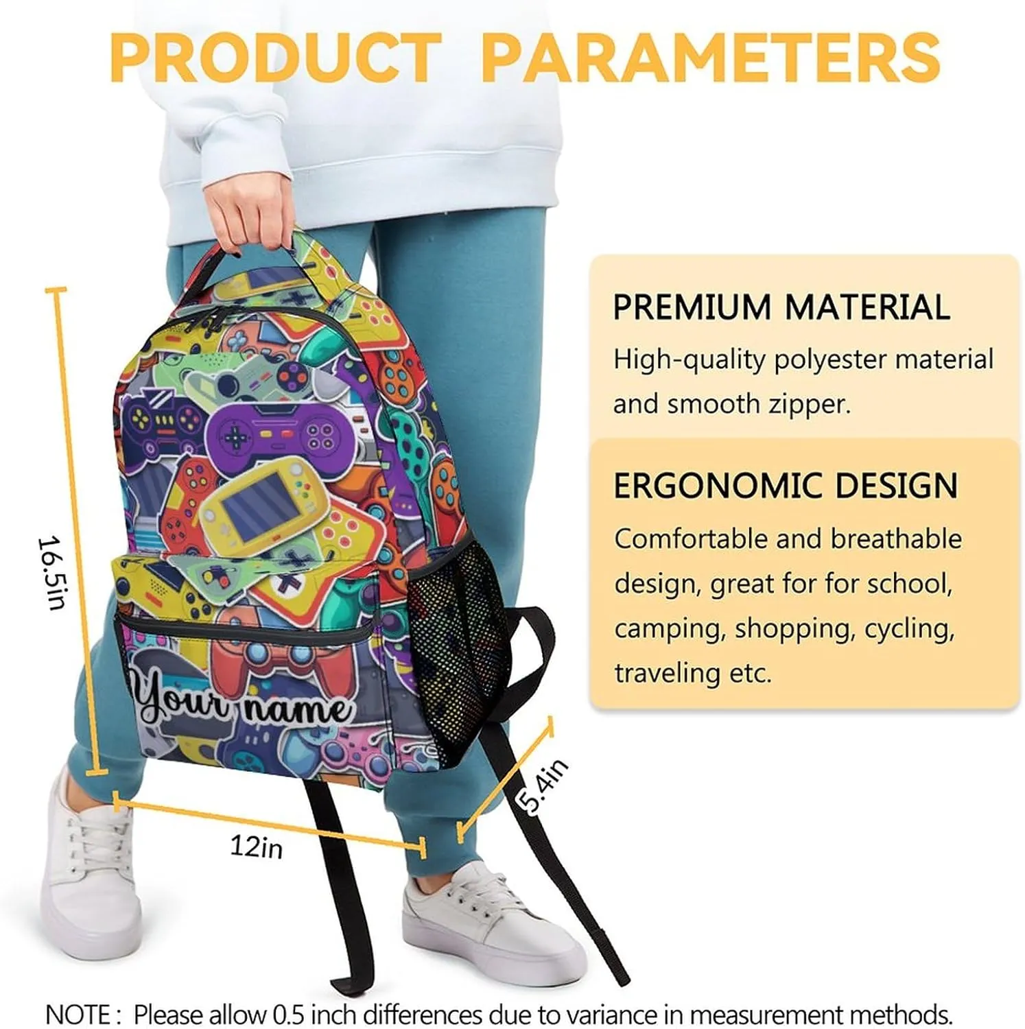 Personalized Gamer Backpack for Boys, 16 Inch Gaming Backpacks for School, Cool, Adjustable Straps, Durable, Lightweight, Large Capacity Bookbag for Kids