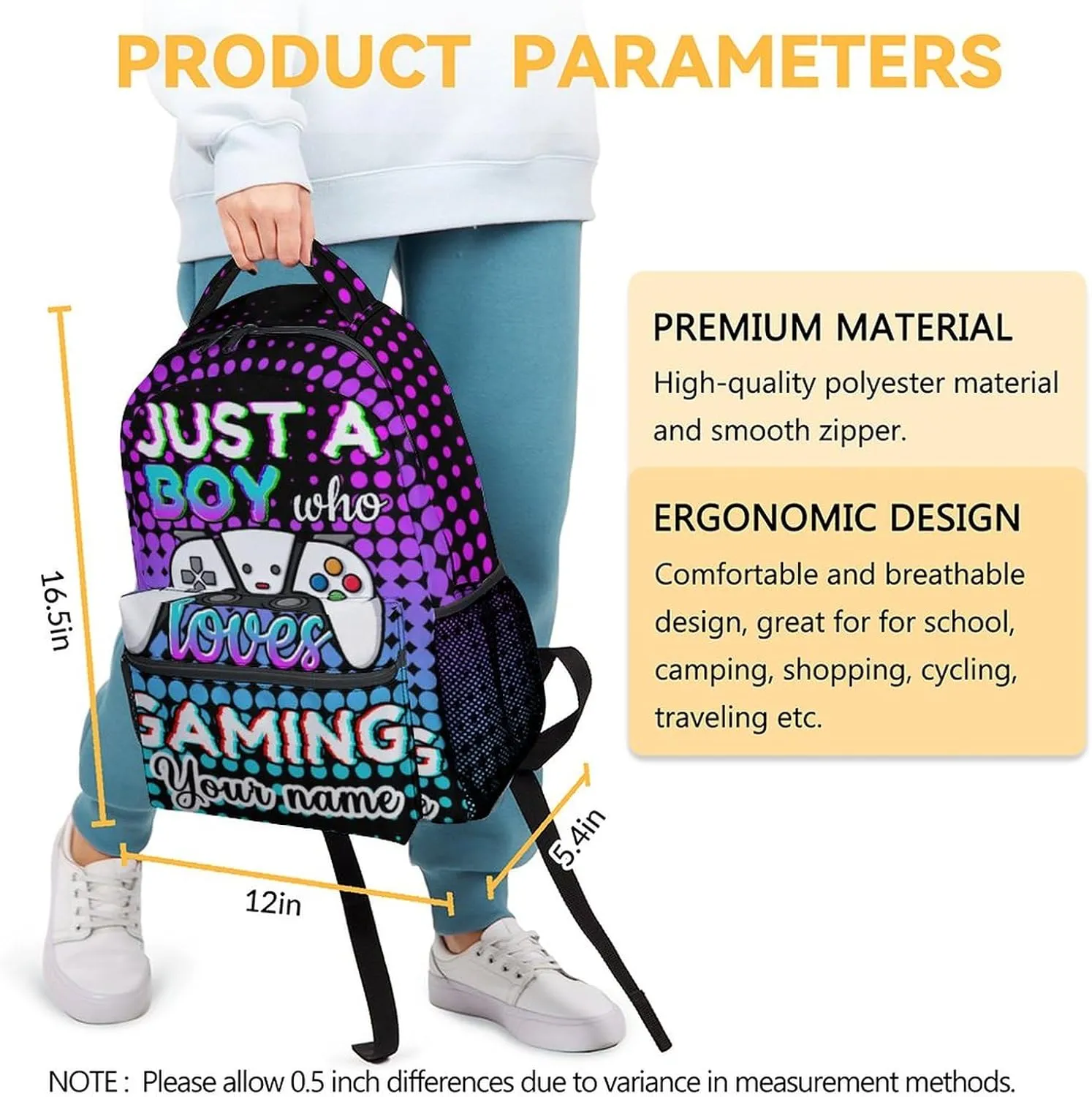 Personalized Gamer Backpack for Boys, 16 Inch Gaming Backpacks for School, Cool, Adjustable Straps, Durable, Lightweight, Large Capacity Bookbag for Kids