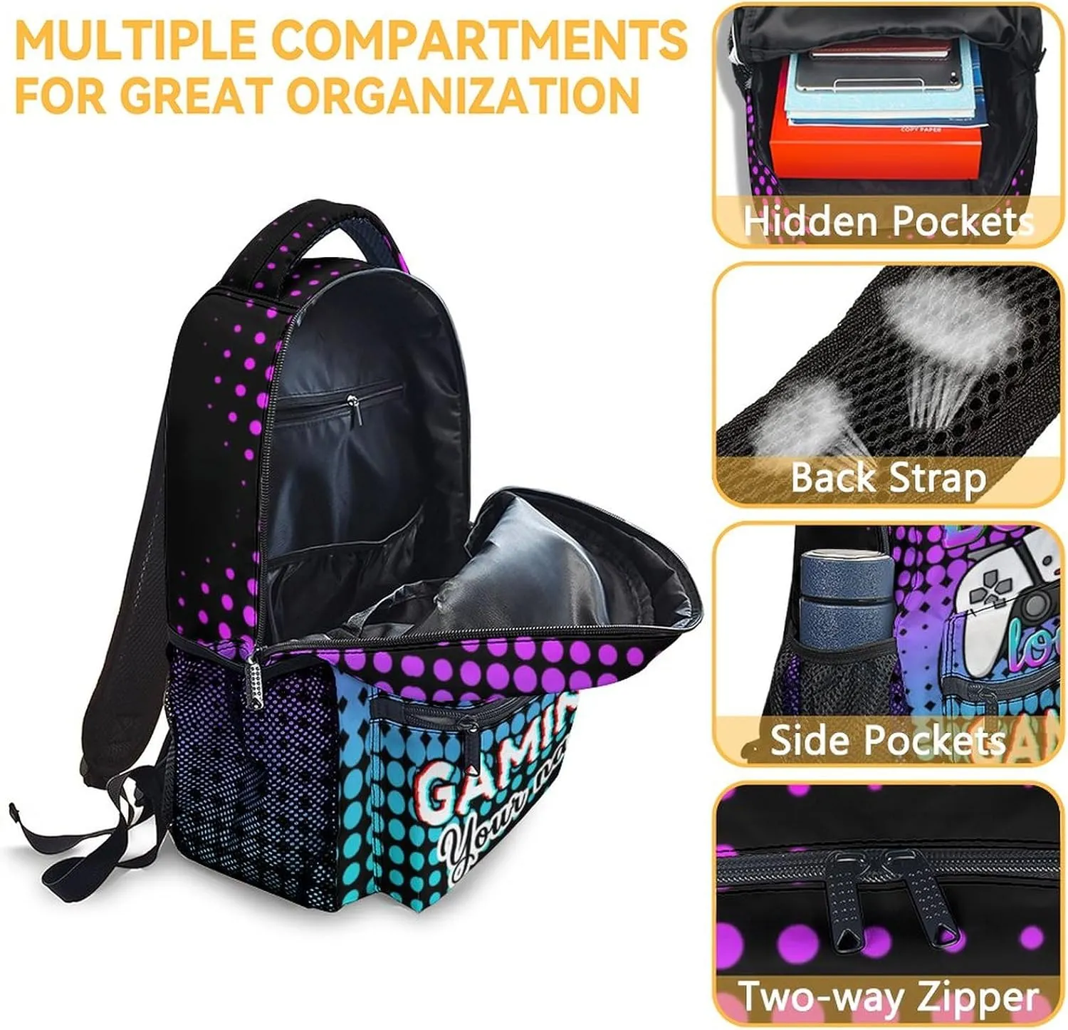 Personalized Gamer Backpack for Boys, 16 Inch Gaming Backpacks for School, Cool, Adjustable Straps, Durable, Lightweight, Large Capacity Bookbag for Kids