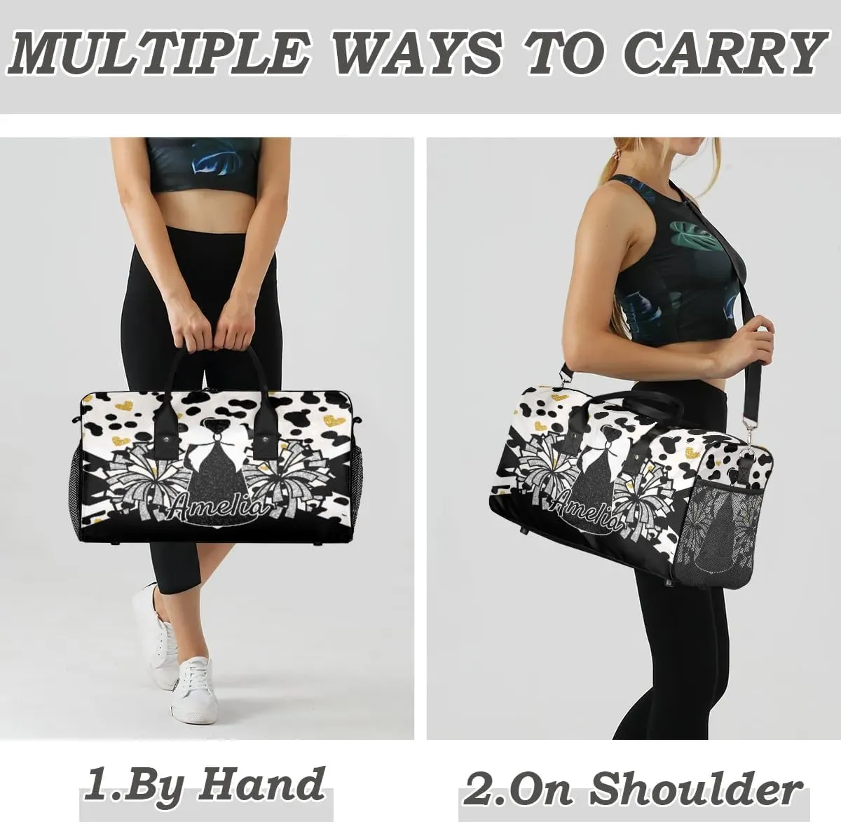 Personalized Gym Bag Cheer Sports Duffle Bag with Name Waterproof Foldable Cheerleaders Weekender Overnight Travel Bag for Women Black White Golden Dots