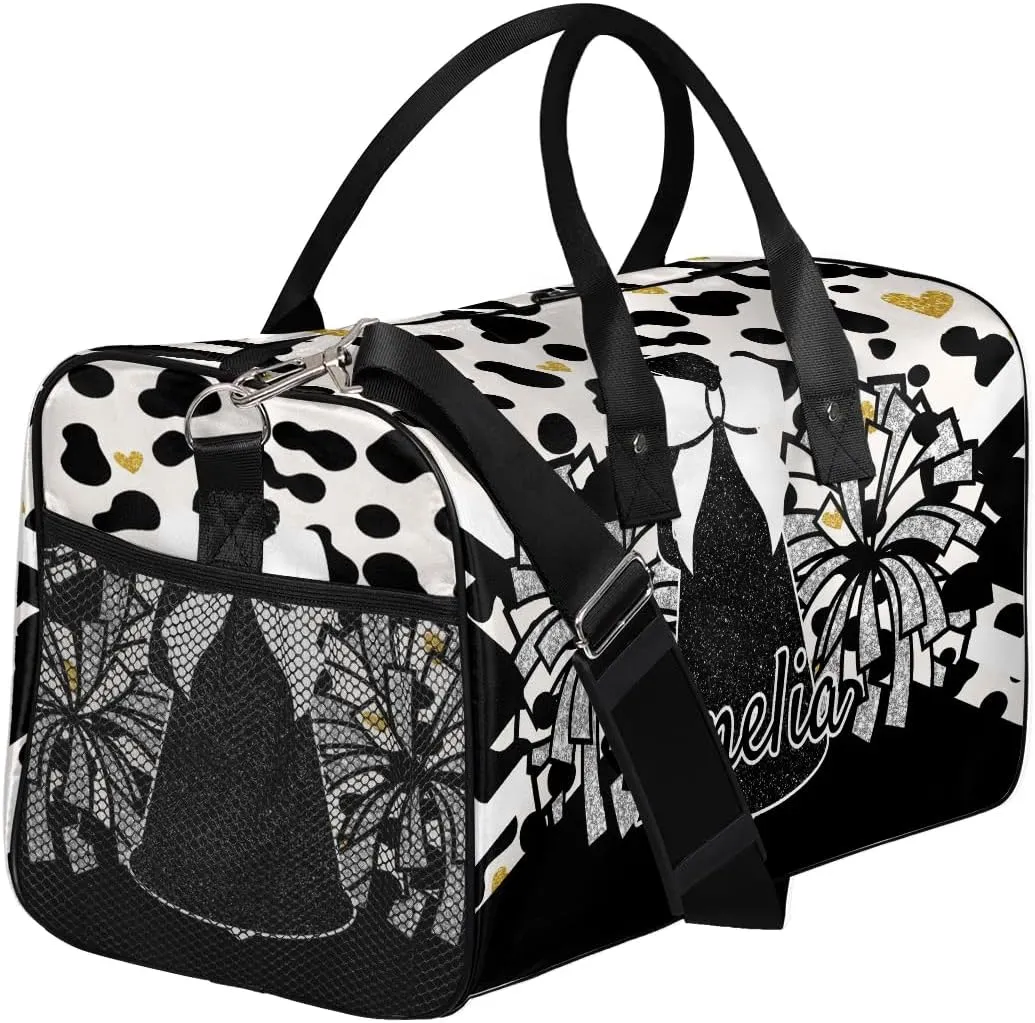 Personalized Gym Bag Cheer Sports Duffle Bag with Name Waterproof Foldable Cheerleaders Weekender Overnight Travel Bag for Women Black White Golden Dots
