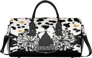 Personalized Gym Bag Cheer Sports Duffle Bag with Name Waterproof Foldable Cheerleaders Weekender Overnight Travel Bag for Women Black White Golden Dots