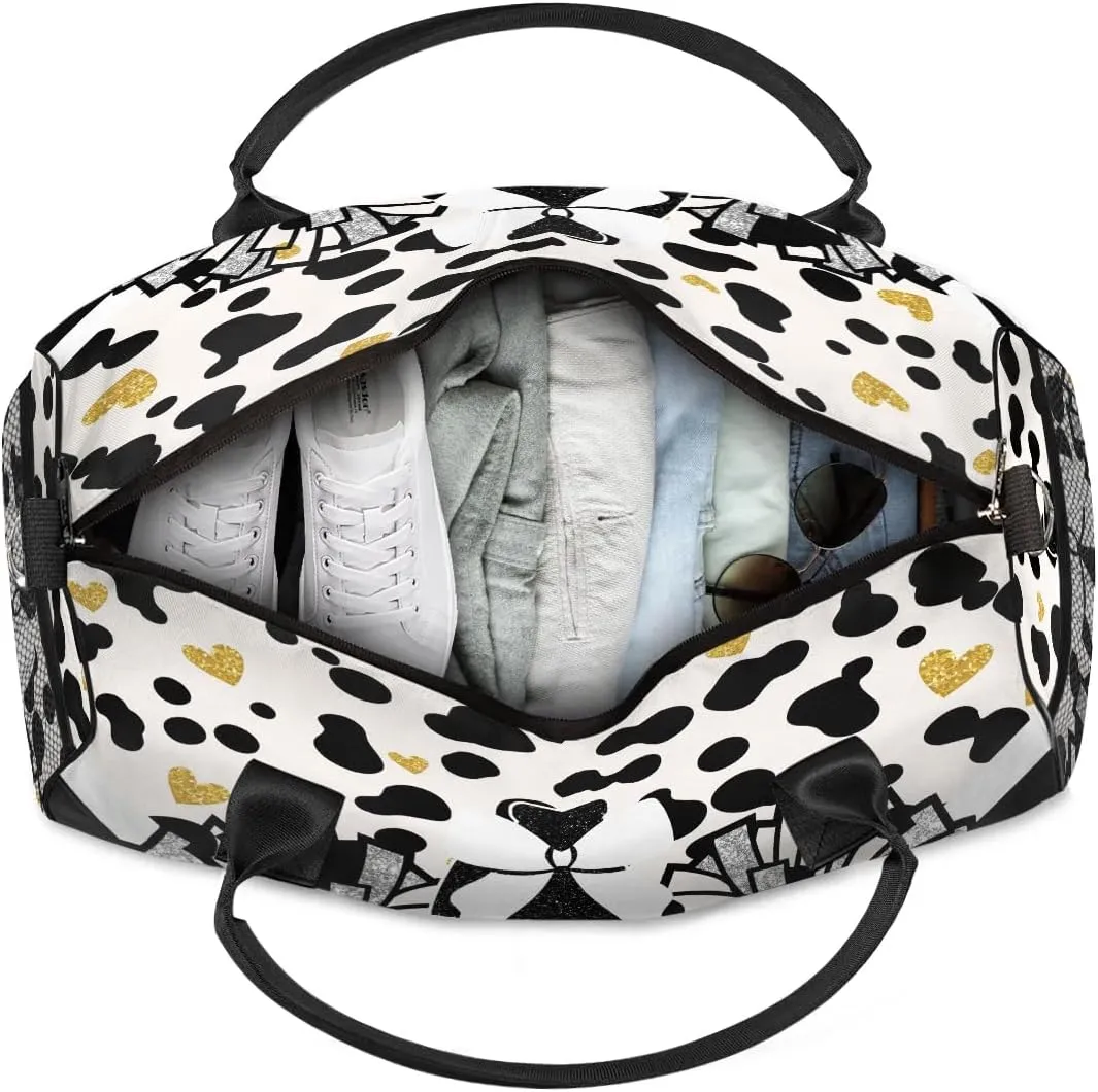 Personalized Gym Bag Cheer Sports Duffle Bag with Name Waterproof Foldable Cheerleaders Weekender Overnight Travel Bag for Women Black White Golden Dots