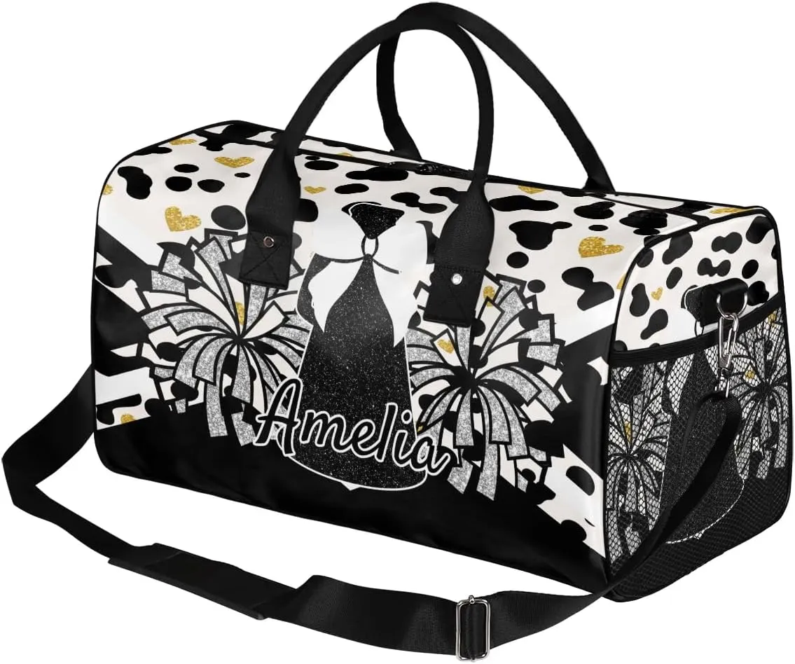 Personalized Gym Bag Cheer Sports Duffle Bag with Name Waterproof Foldable Cheerleaders Weekender Overnight Travel Bag for Women Black White Golden Dots