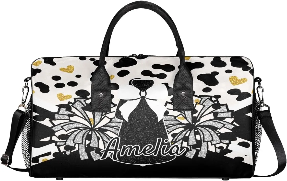 Personalized Gym Bag Cheer Sports Duffle Bag with Name Waterproof Foldable Cheerleaders Weekender Overnight Travel Bag for Women Black White Golden Dots