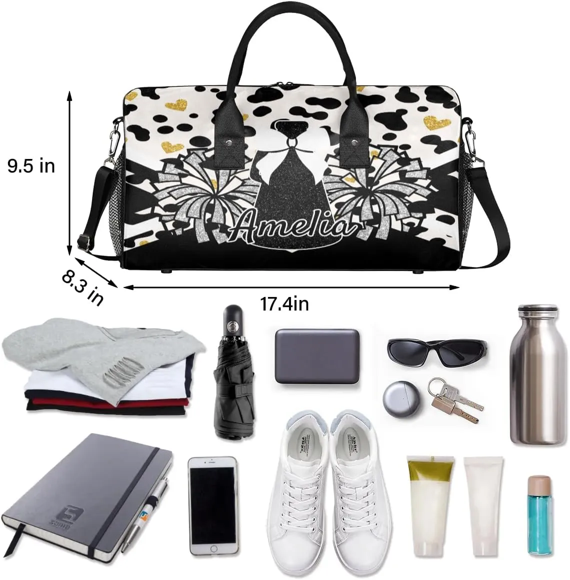 Personalized Gym Bag Cheer Sports Duffle Bag with Name Waterproof Foldable Cheerleaders Weekender Overnight Travel Bag for Women Black White Golden Dots