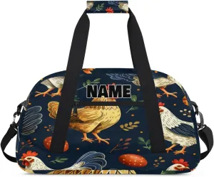 Personalized Gym Dance Bag with Name, Animal Hen Eggs Plants Leaf Custom Cheerleading Duffel Bag Travel Weekender Overnight Carry On Sleepover Bag
