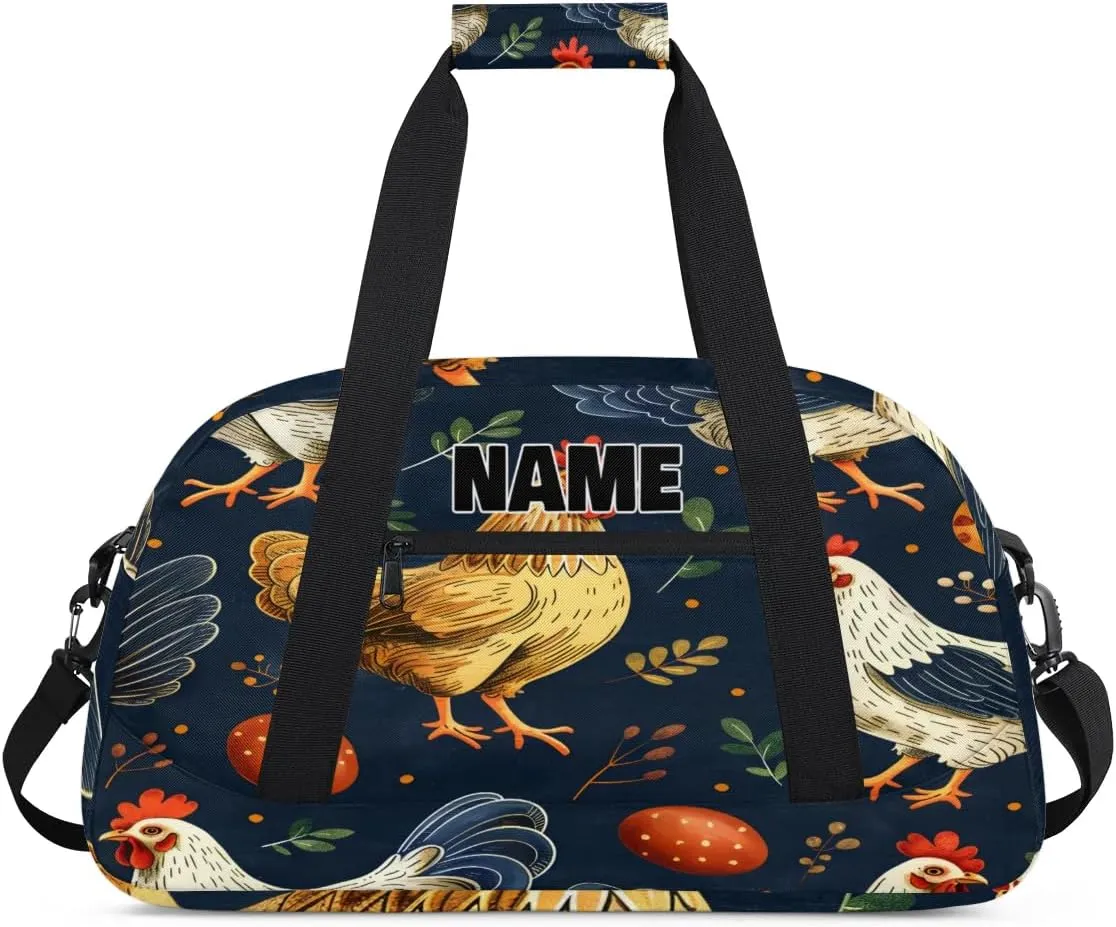 Personalized Gym Dance Bag with Name, Animal Hen Eggs Plants Leaf Custom Cheerleading Duffel Bag Travel Weekender Overnight Carry On Sleepover Bag