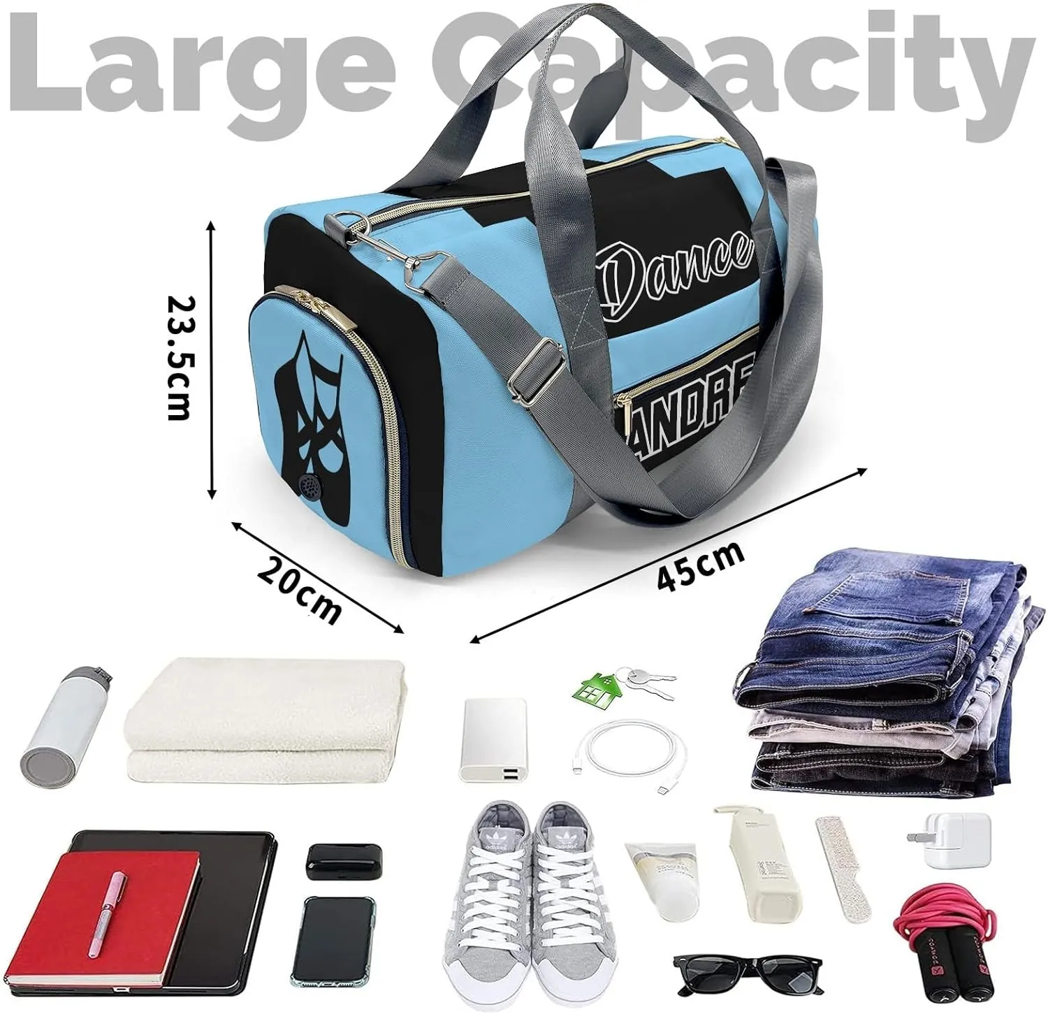 Personalized Gym Duffel Bag Customized Blue Ballet Dance Bag with Name Travel Bag for Women Men Weekend with Shoe Compartment