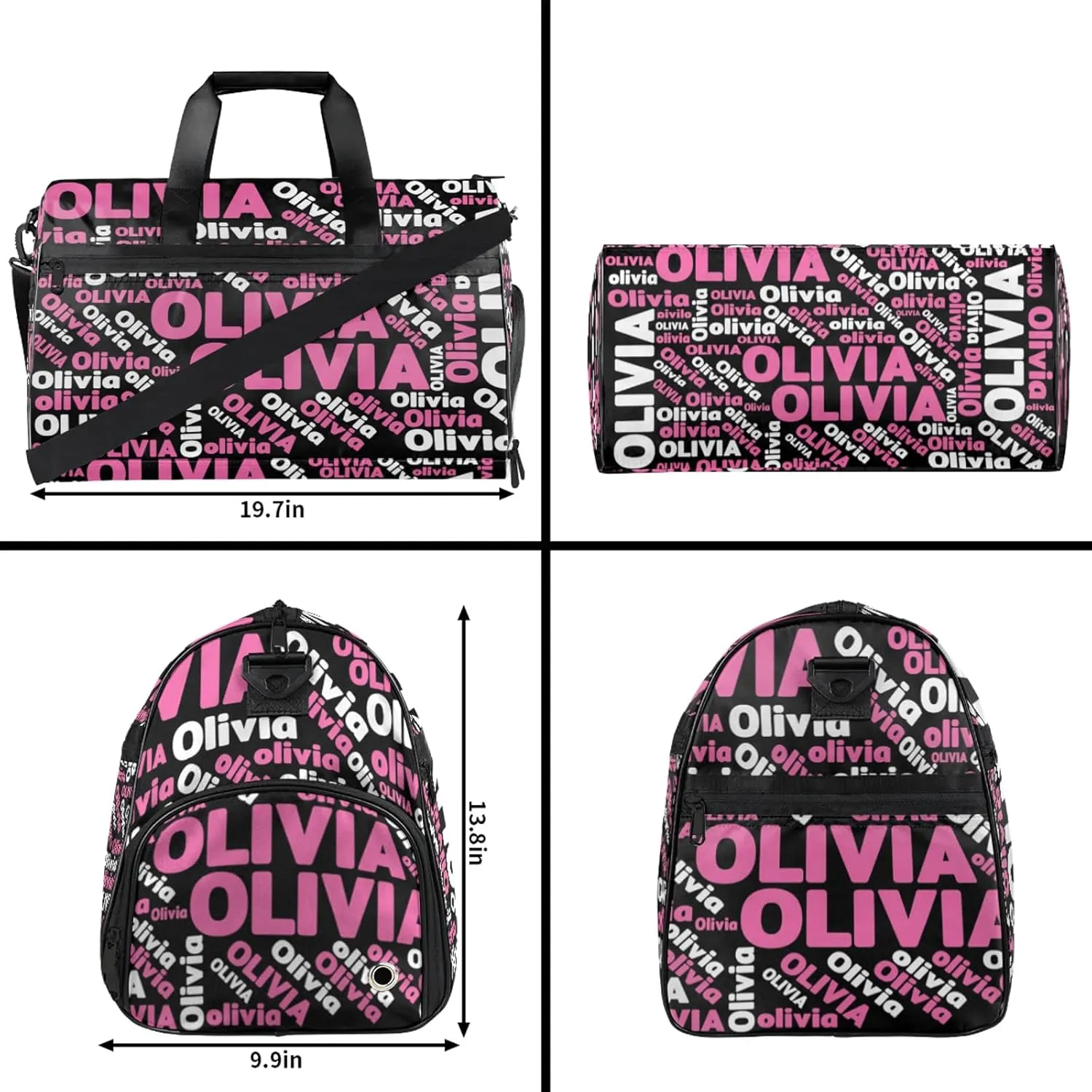 Personalized Gym Sport Duffel Bag Custom Name Travel Overnight Bag with Shoe Compartment Waterproof Customized Dance Bag Carry-On Tote, Black Pink