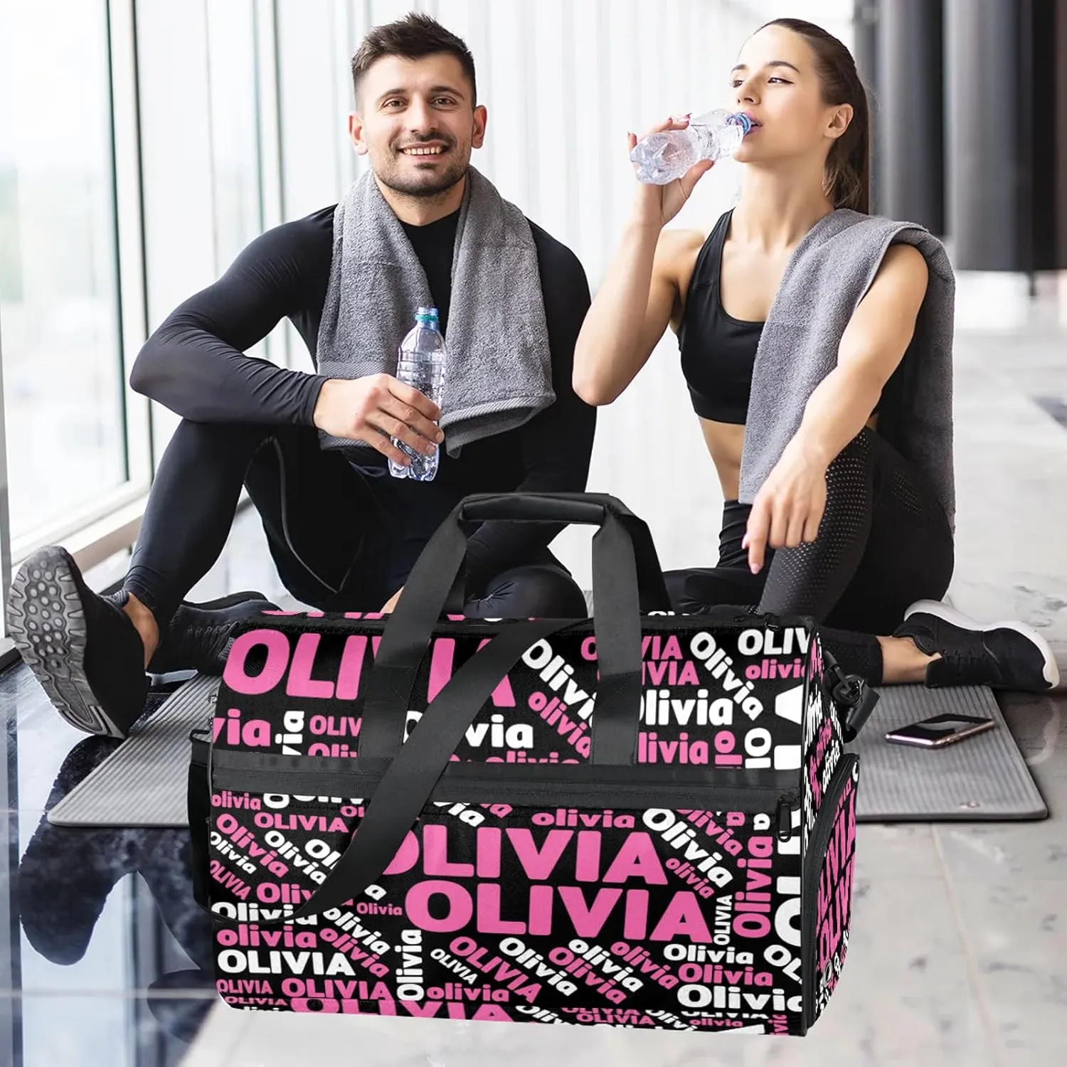 Personalized Gym Sport Duffel Bag Custom Name Travel Overnight Bag with Shoe Compartment Waterproof Customized Dance Bag Carry-On Tote, Black Pink