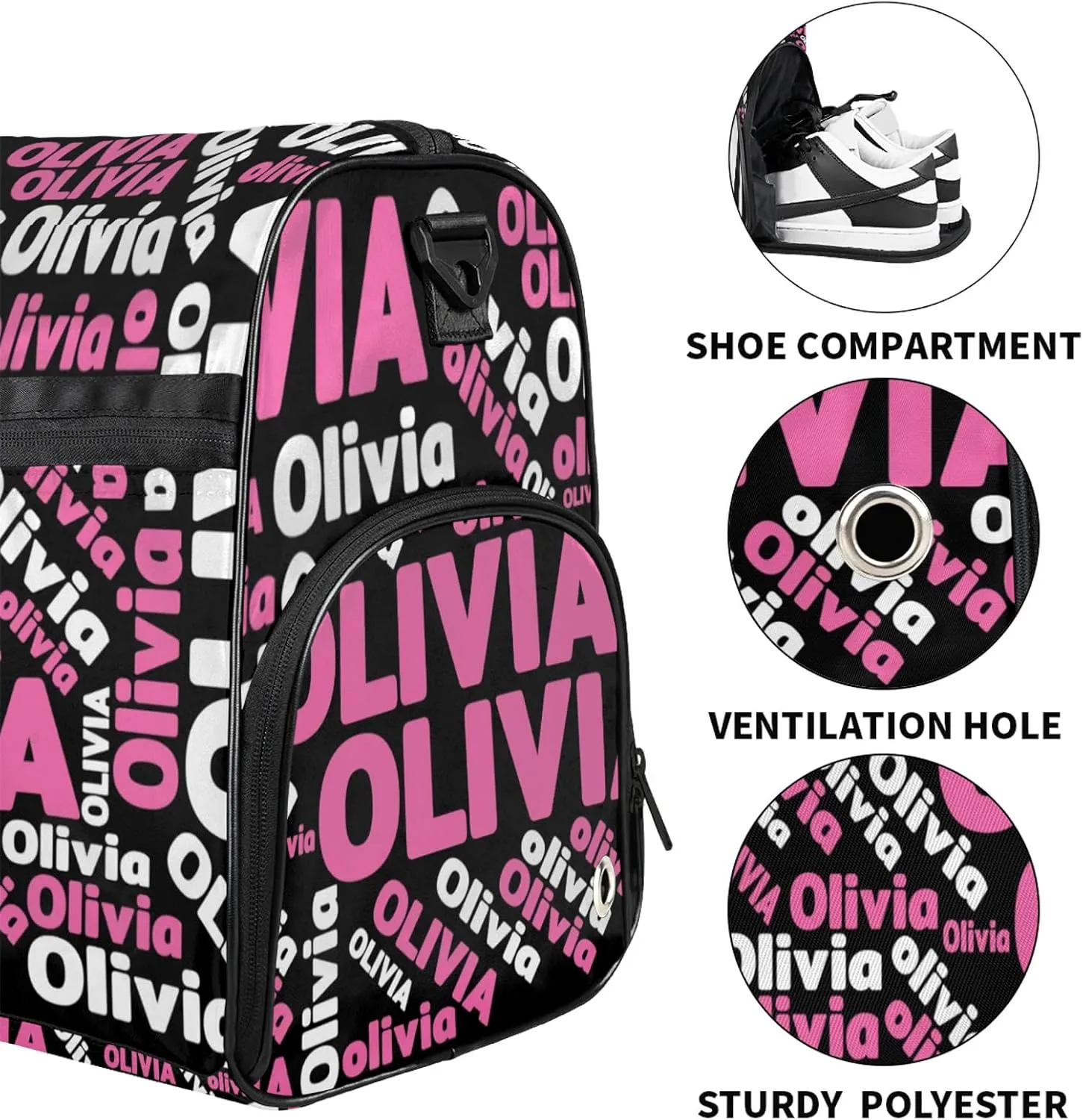 Personalized Gym Sport Duffel Bag Custom Name Travel Overnight Bag with Shoe Compartment Waterproof Customized Dance Bag Carry-On Tote, Black Pink