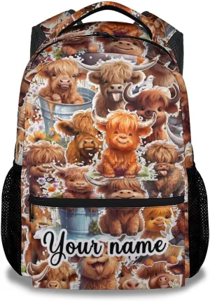Personalized Highland Cow Backpack for Girls Boys, 16 Inch Brown Backpacks for School, Cute, Adjustable Straps, Durable, Lightweight, Large Capacity Bookbag for Kids