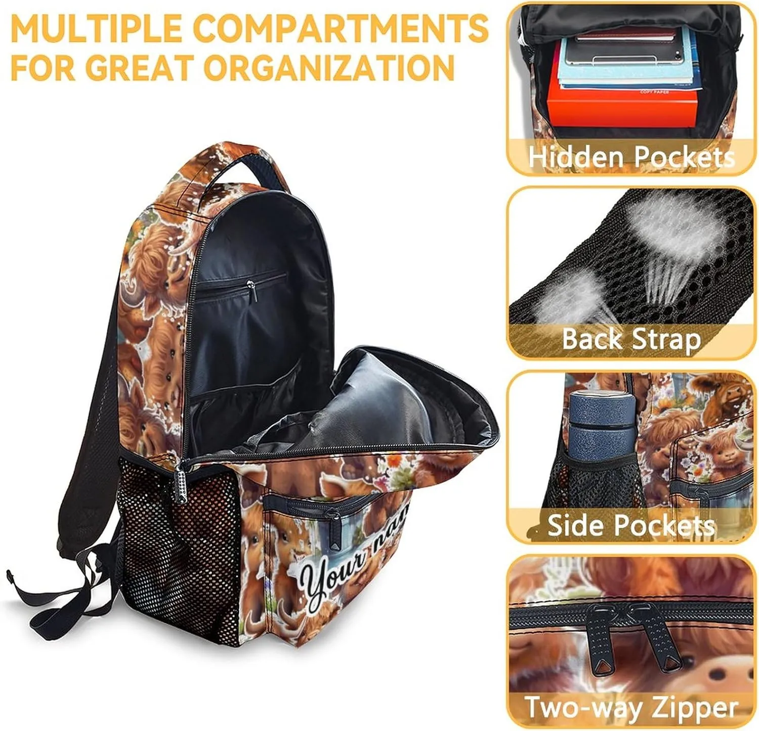 Personalized Highland Cow Backpack for Girls Boys, 16 Inch Brown Backpacks for School, Cute, Adjustable Straps, Durable, Lightweight, Large Capacity Bookbag for Kids