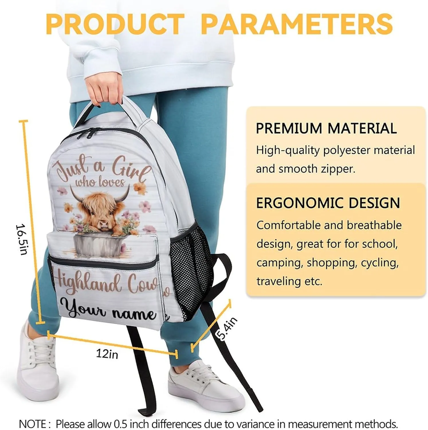Personalized Highland Cow Backpack for Girls Boys, 16 Inch White Backpacks for School, Cute, Adjustable Straps, Durable, Lightweight, Large Capacity Bookbag for Kids