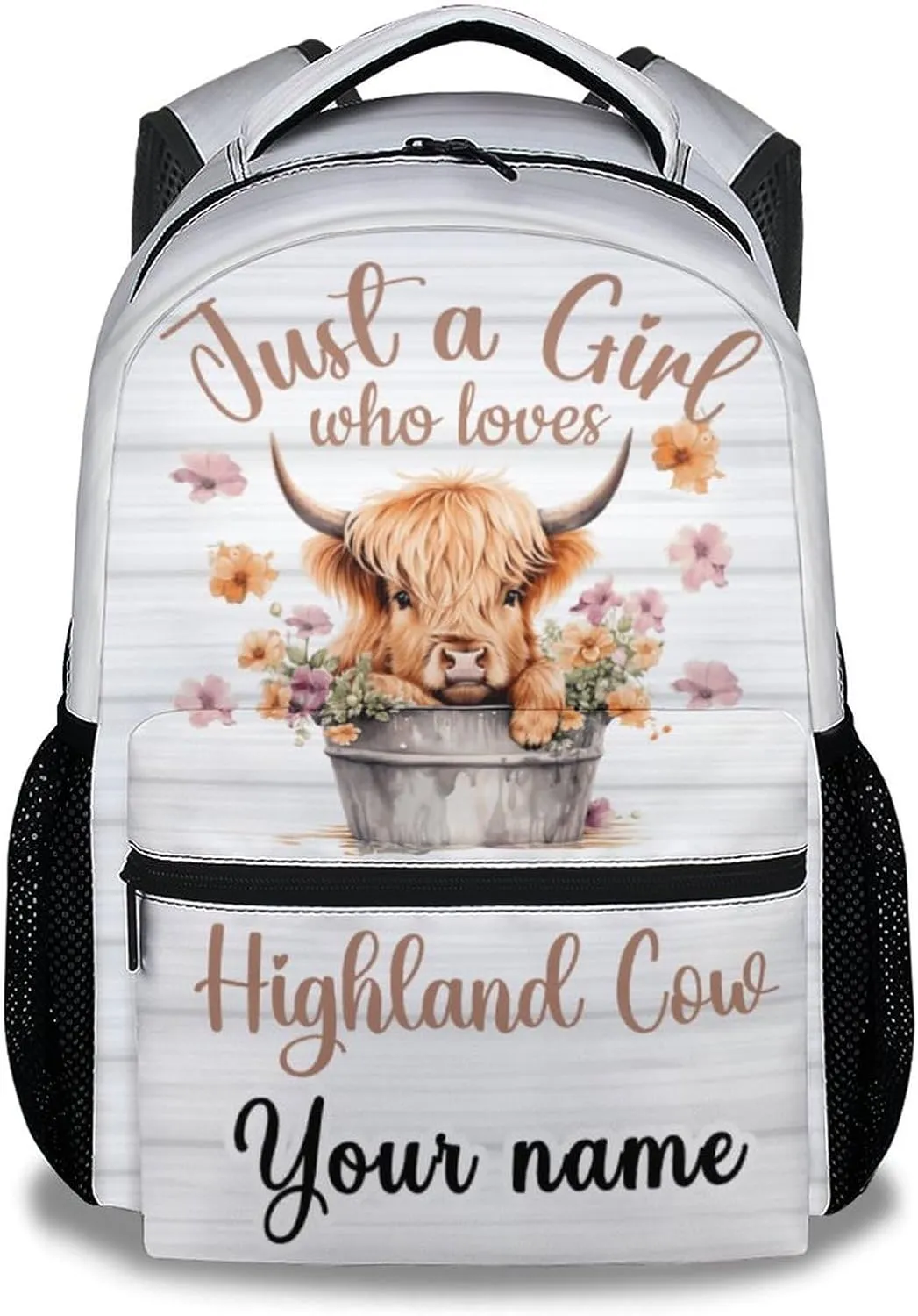 Personalized Highland Cow Backpack for Girls Boys, 16 Inch White Backpacks for School, Cute, Adjustable Straps, Durable, Lightweight, Large Capacity Bookbag for Kids