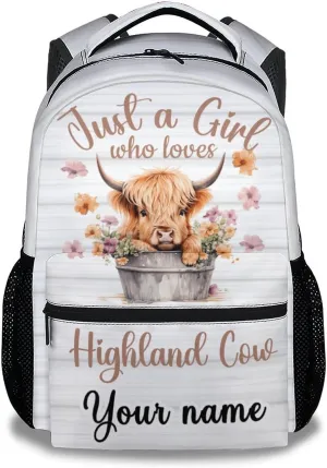Personalized Highland Cow Backpack for Girls Boys, 16 Inch White Backpacks for School, Cute, Adjustable Straps, Durable, Lightweight, Large Capacity Bookbag for Kids