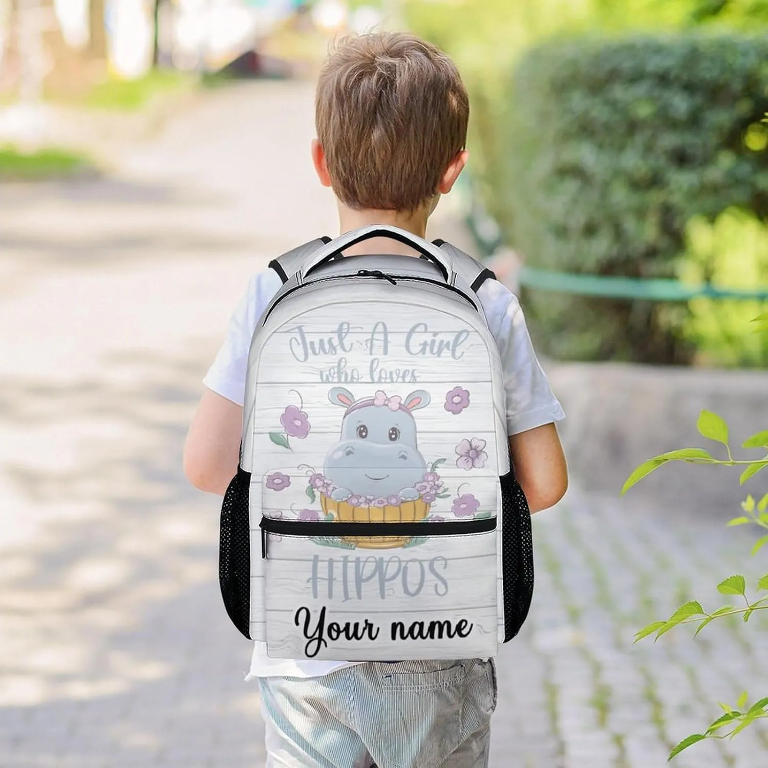 Personalized Hippo Backpack for Girls Boys, 16 Inch Backpacks for School, Cute, Adjustable Straps, Durable, Lightweight, Large Capacity Bookbag for Kids