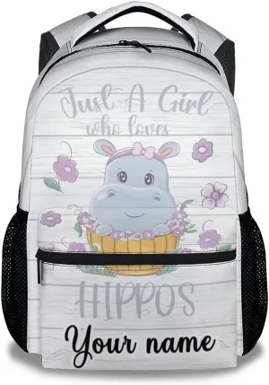Personalized Hippo Backpack for Girls Boys, 16 Inch Backpacks for School, Cute, Adjustable Straps, Durable, Lightweight, Large Capacity Bookbag for Kids
